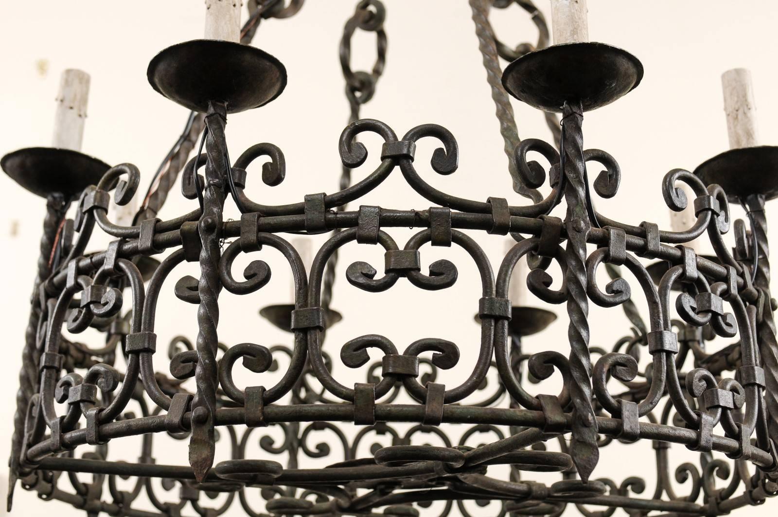 Eight-Light Intricately Scrolled Dark Iron Ring Chandelier, Mid-20th Century For Sale 2