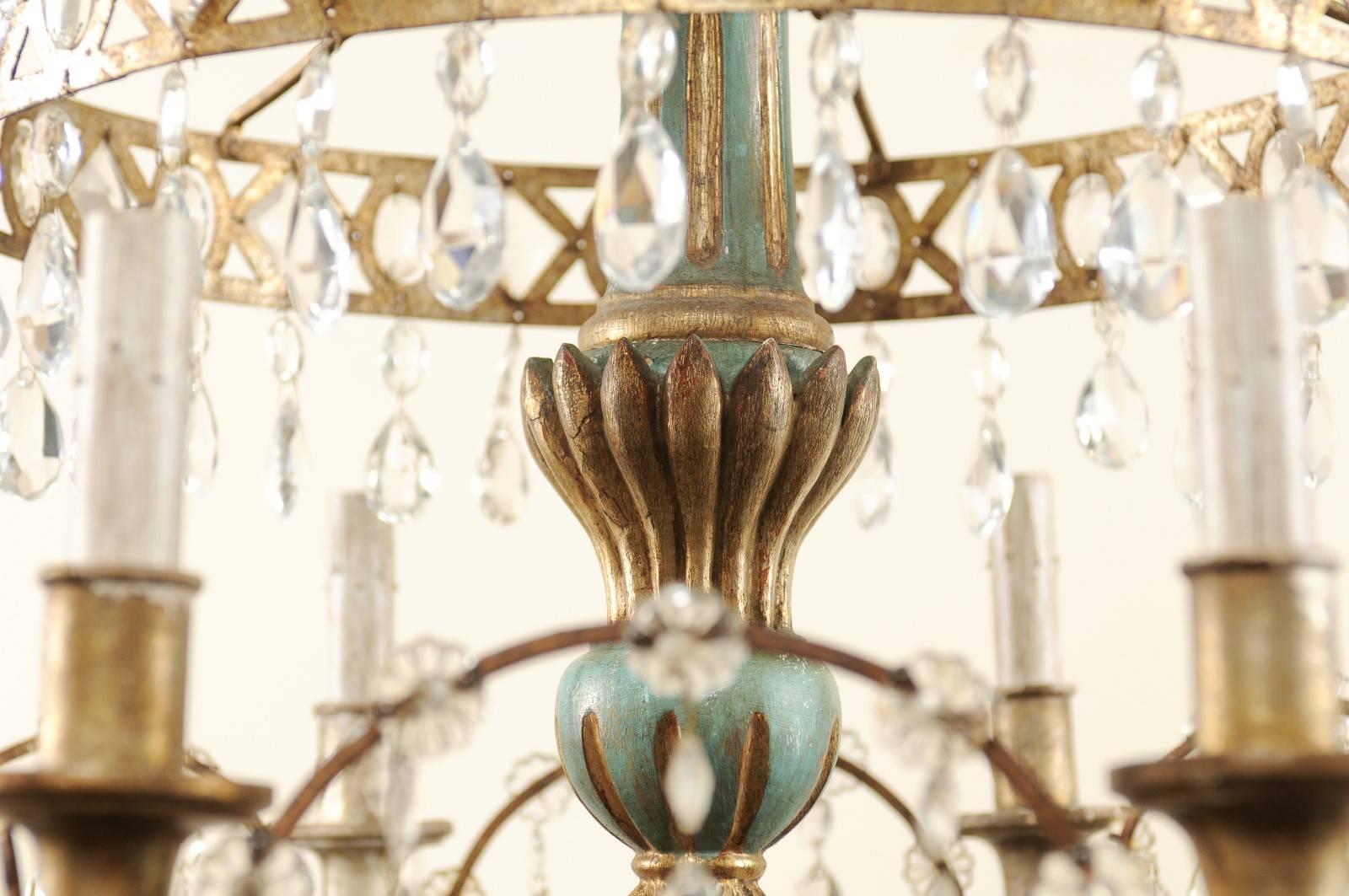 Midcentury Italian Eight-Light Crystal and Wood Chandelier with Pale Teal Tones In Good Condition In Atlanta, GA