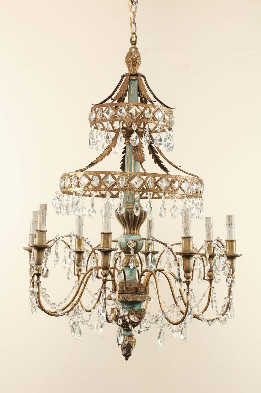 Midcentury Italian Eight-Light Crystal and Wood Chandelier with Pale Teal Tones 2