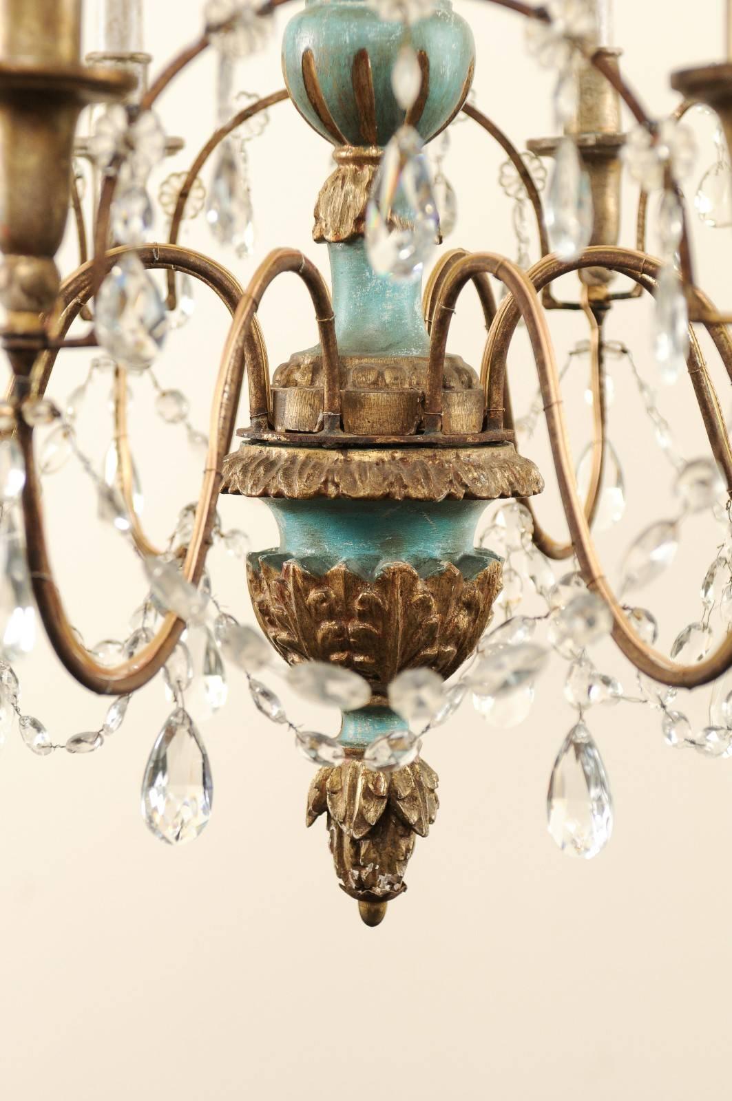 20th Century Midcentury Italian Eight-Light Crystal and Wood Chandelier with Pale Teal Tones