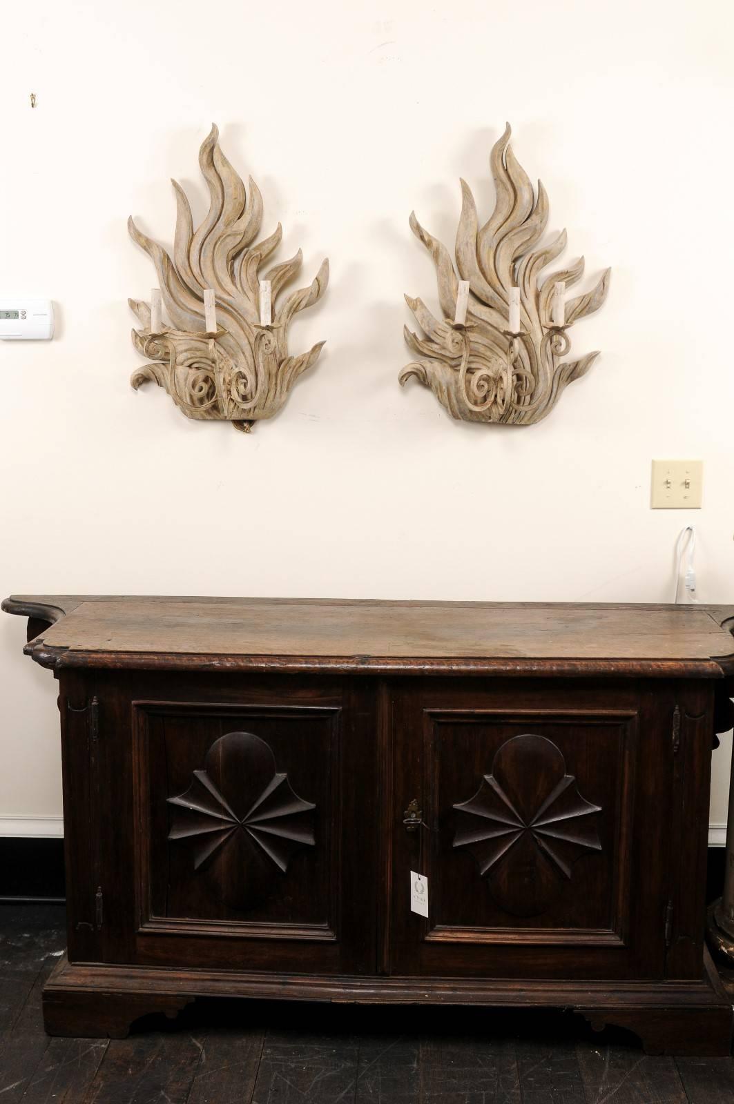 Pair of Vintage Custom Flame Three-Light Wood Sconces with Scrolled Metal Arms For Sale 4