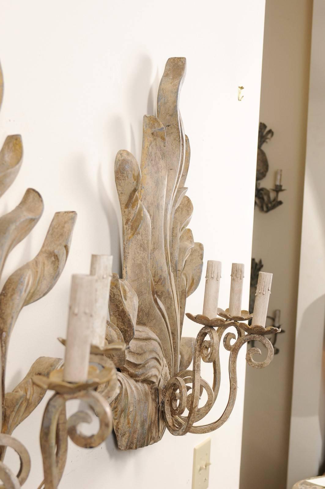 Pair of Vintage Custom Flame Three-Light Wood Sconces with Scrolled Metal Arms For Sale 2