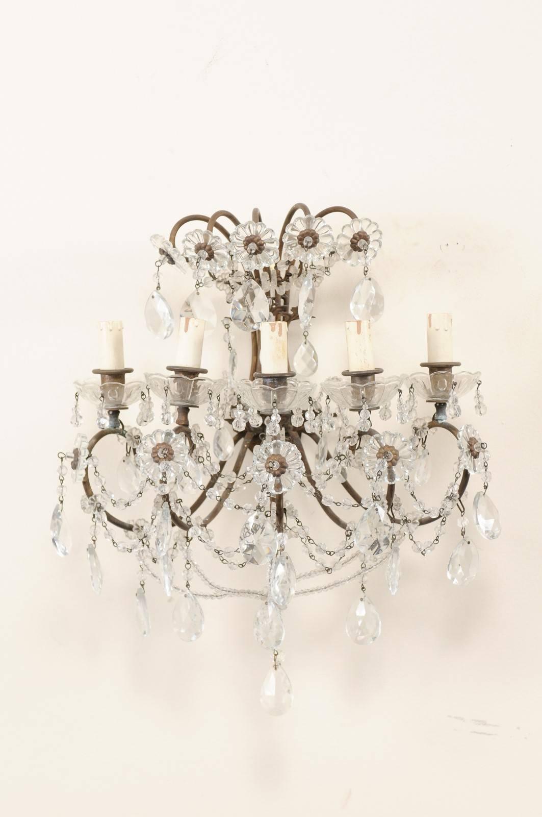 Beaded Pair of Italian Crystal Sconces w/ Waterfall Tops and Scrolling Metal Armature For Sale
