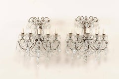 Pair of Italian Crystal Sconces w/ Waterfall Tops and Scrolling Metal Armature