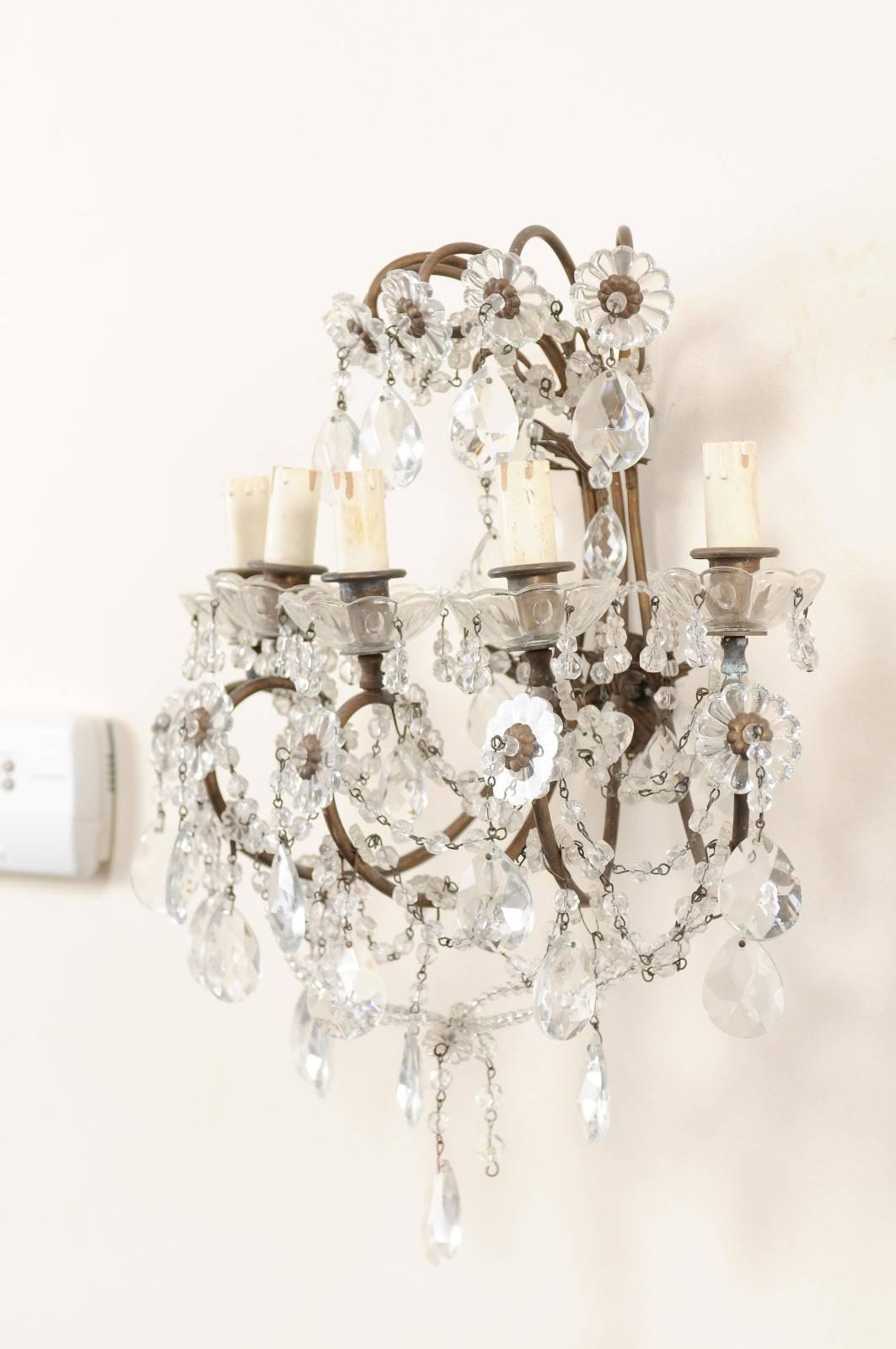 20th Century Pair of Italian Crystal Sconces w/ Waterfall Tops and Scrolling Metal Armature For Sale
