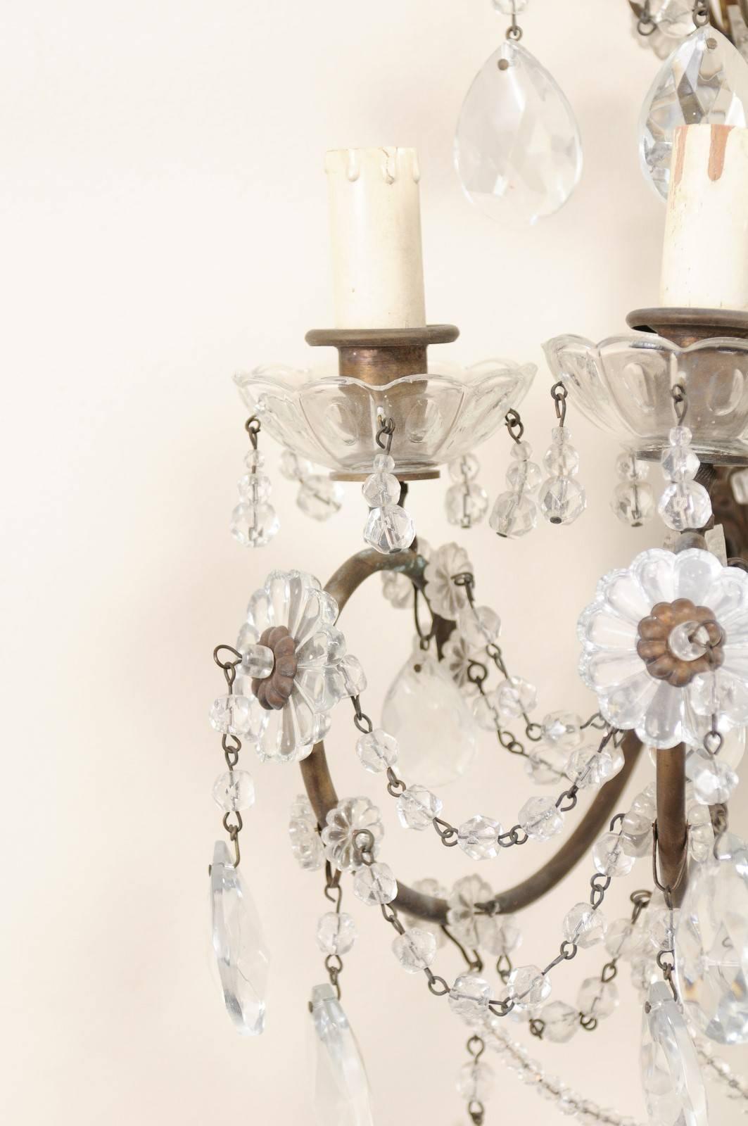Pair of Italian Crystal Sconces w/ Waterfall Tops and Scrolling Metal Armature For Sale 1
