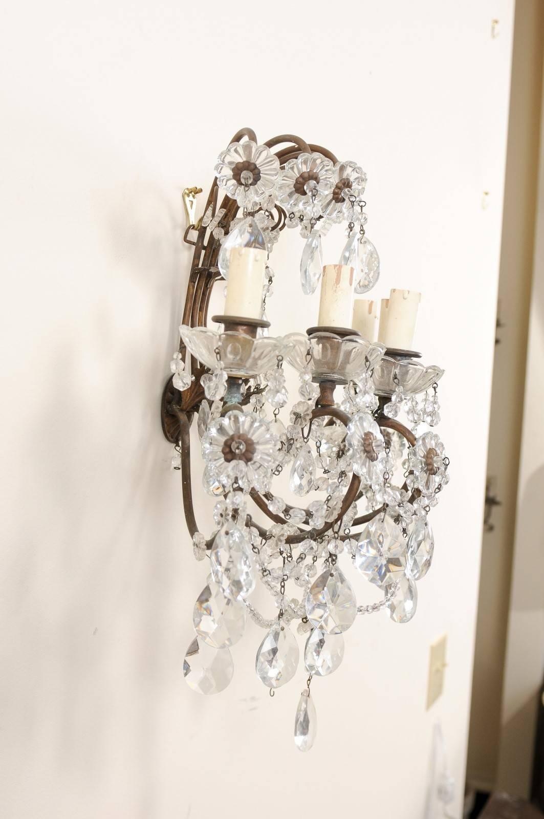 Pair of Italian Crystal Sconces w/ Waterfall Tops and Scrolling Metal Armature In Good Condition For Sale In Atlanta, GA