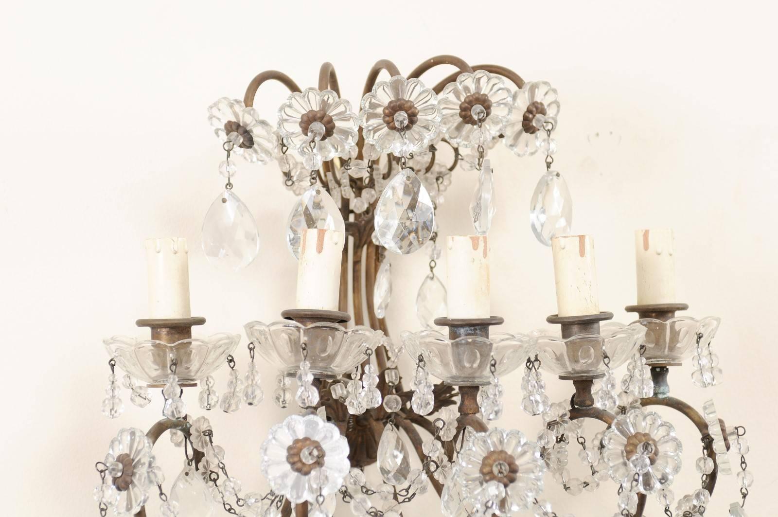 Pair of Italian Crystal Sconces w/ Waterfall Tops and Scrolling Metal Armature For Sale 2