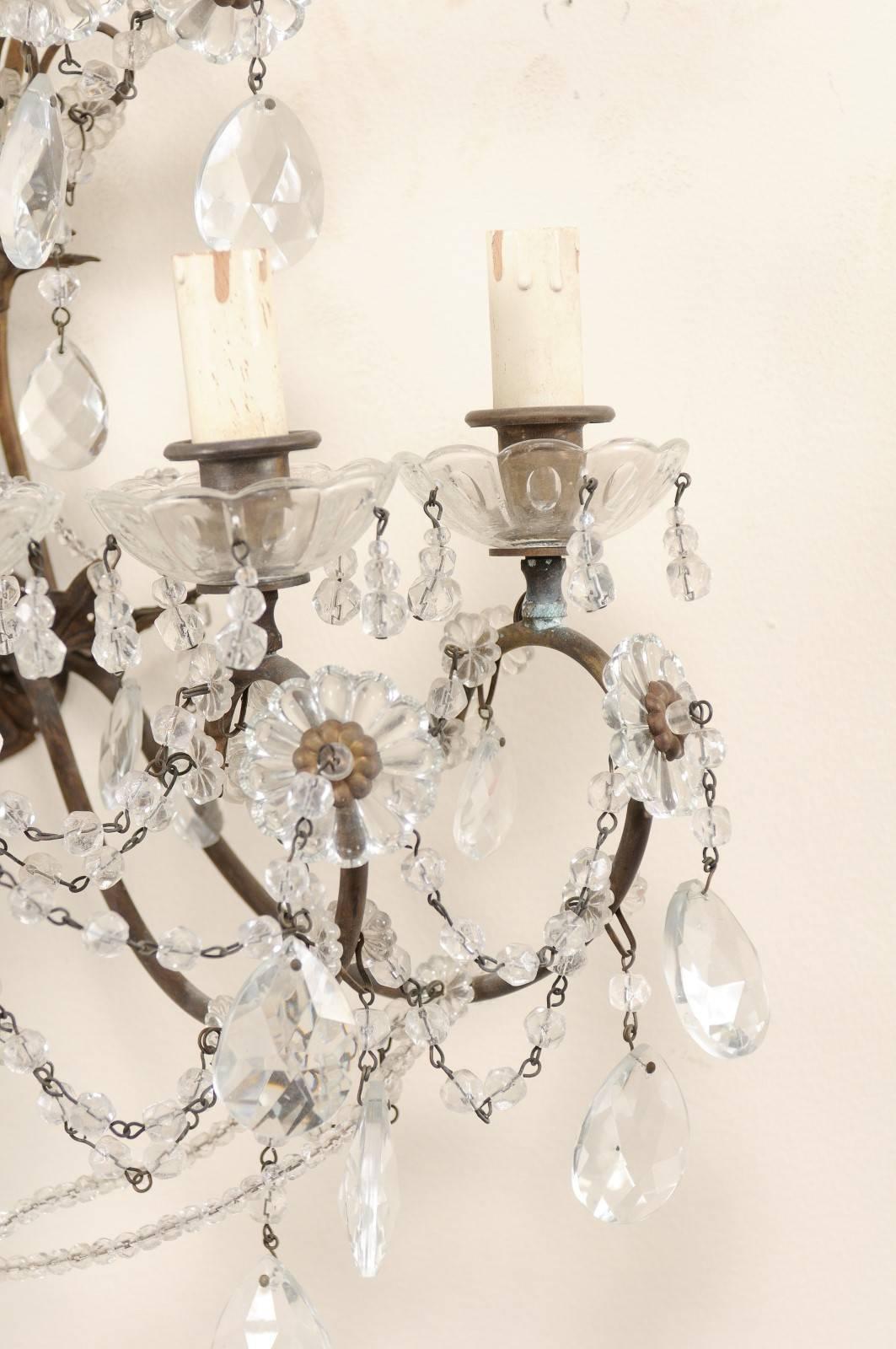 Pair of Italian Crystal Sconces w/ Waterfall Tops and Scrolling Metal Armature For Sale 5