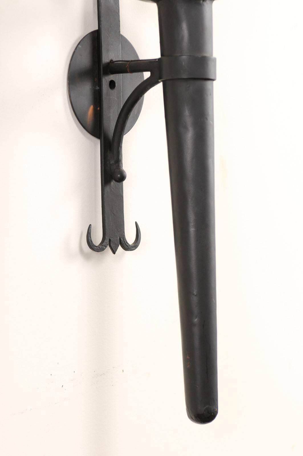 American Pair of Tall and Narrow Iron Torch Single-Light Wired Black Sconces