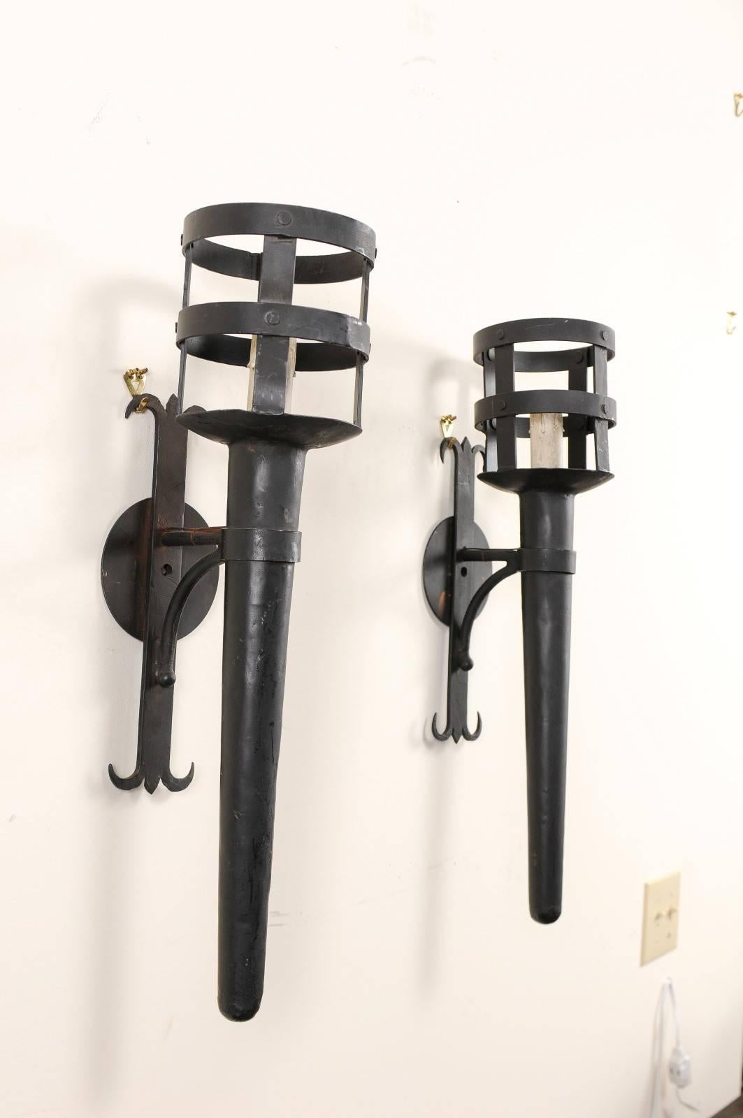Pair of Tall and Narrow Iron Torch Single-Light Wired Black Sconces 1