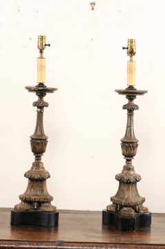Pair of 19th Century Italian Carved Wood Altar Sticks Made into Tall Table Lamps