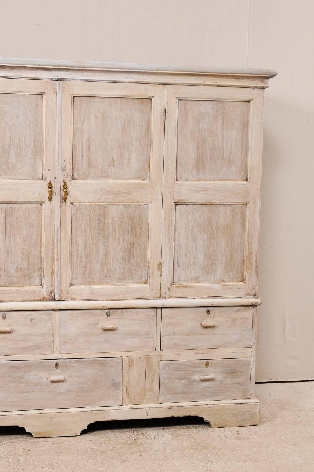 Large 19th Century British Colonial Wood Cabinet in Soft Neutral Cream Wash 1