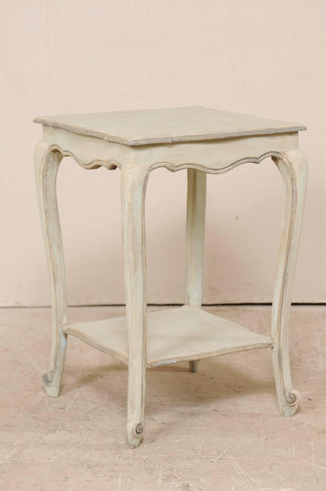 Carved Vintage French Early 20th Century Painted Wood Side Table in Soft Pale Blue-Grey