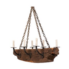 Retro French Rustic Wood Beam Chandelier with Six Forged Iron Arms, Mid 20th C.