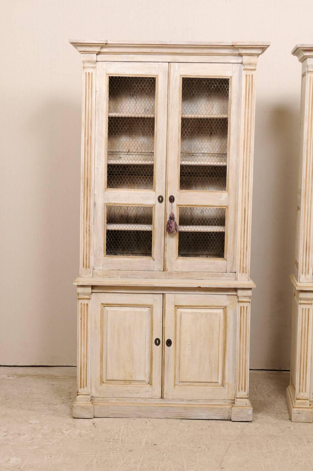 French Pair of 19th Century Tall Painted Wood Cabinets with Wire on the Cabinet Doors