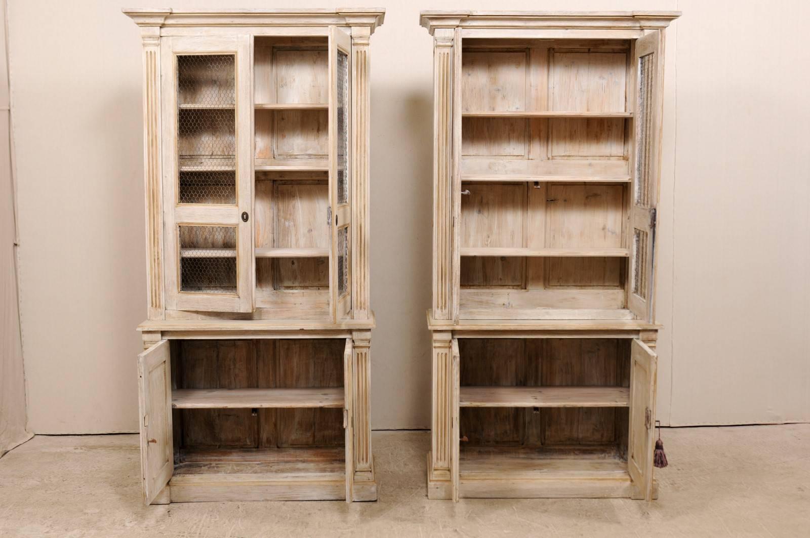 Pair of 19th Century Tall Painted Wood Cabinets with Wire on the Cabinet Doors 1