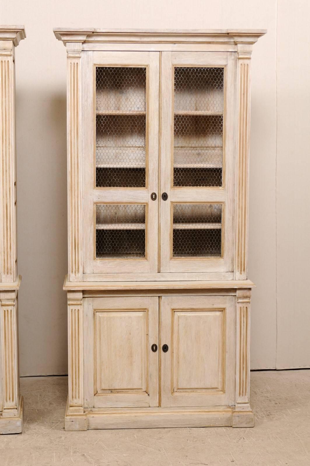 Carved Pair of 19th Century Tall Painted Wood Cabinets with Wire on the Cabinet Doors