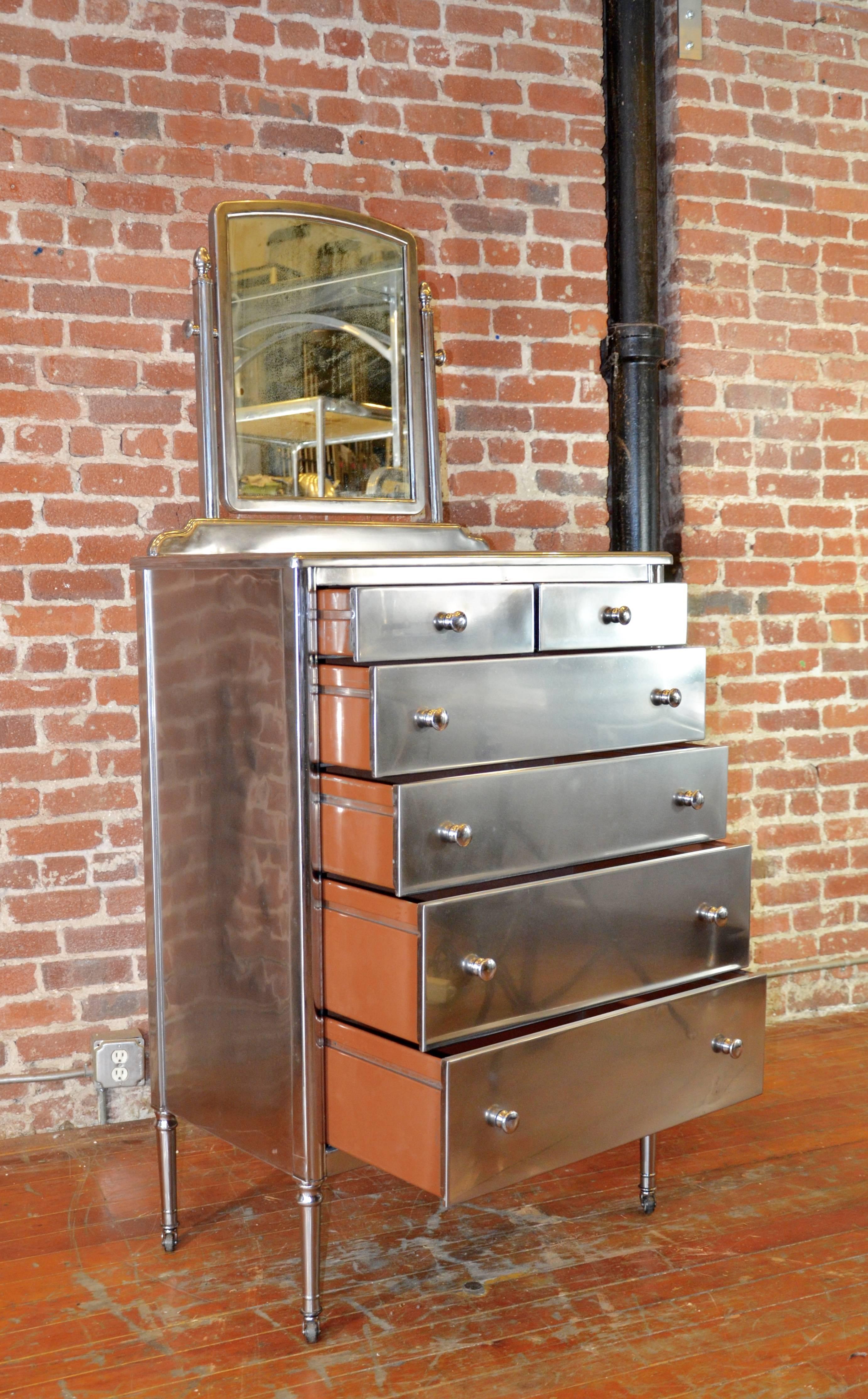 Pair of Polished Steel Highboy Dressers by Simmons In Excellent Condition For Sale In Oakland, CA