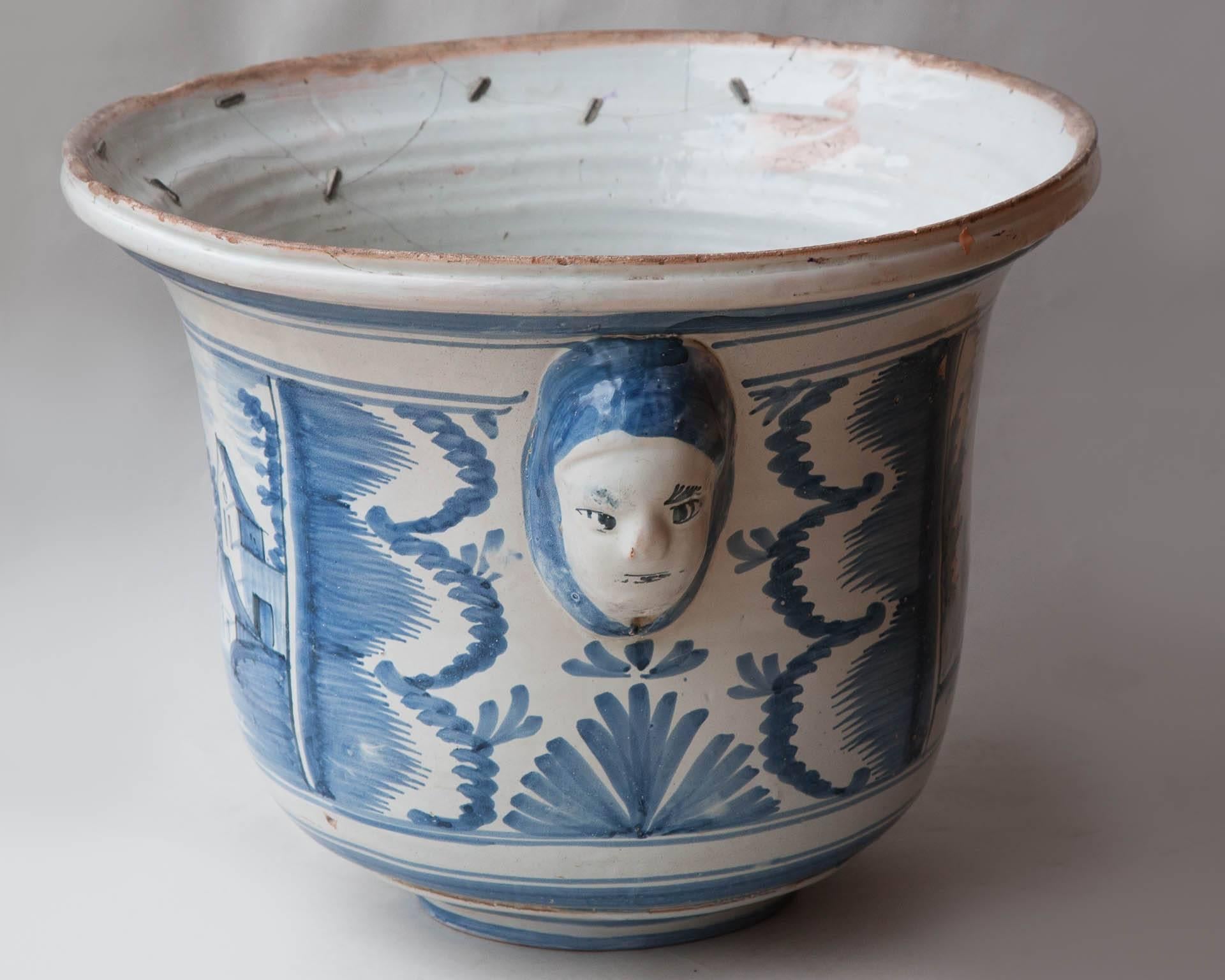 French Large 18th Century Blue And White Cache Pot