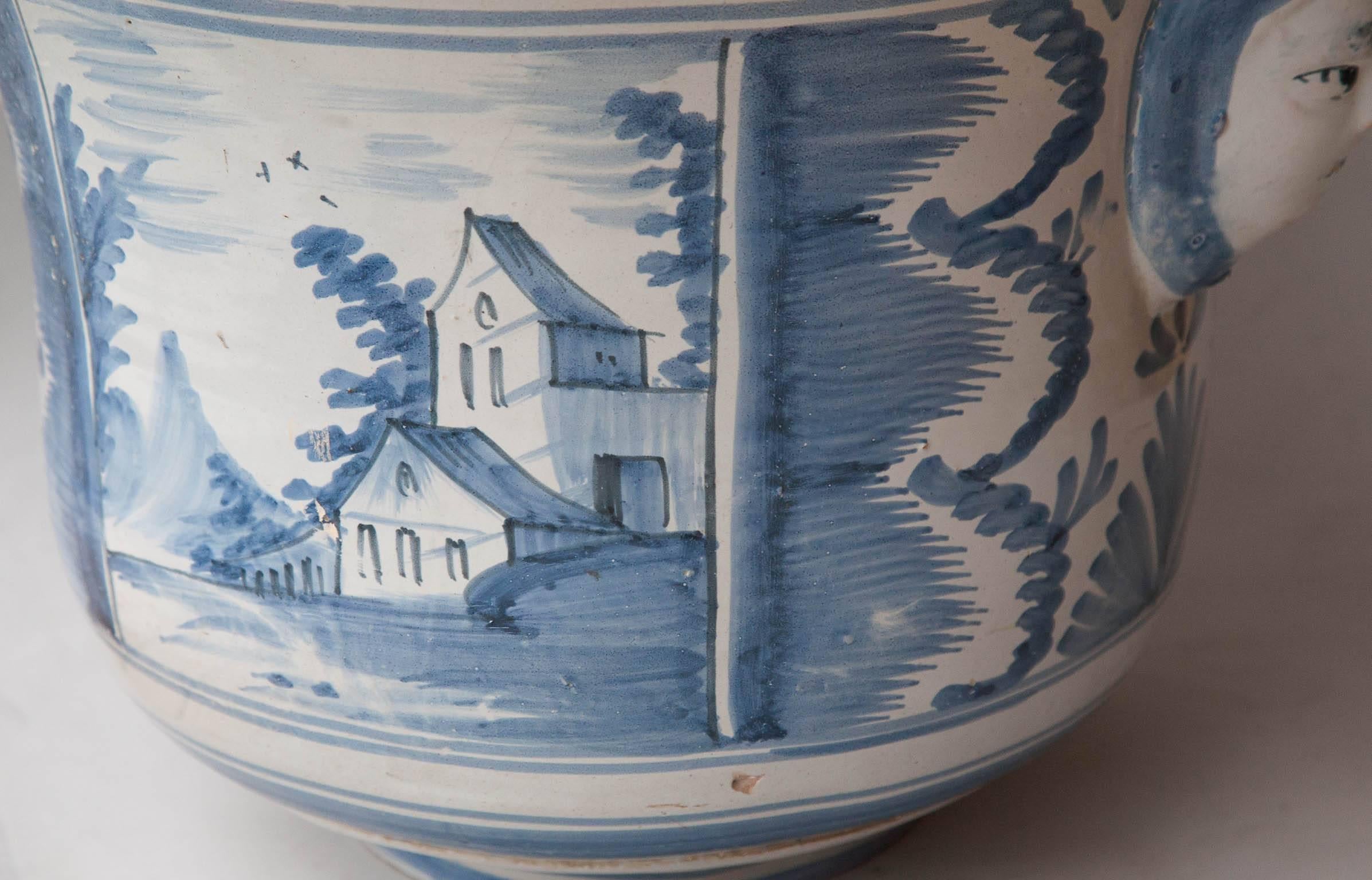 Ceramic Large 18th Century Blue And White Cache Pot