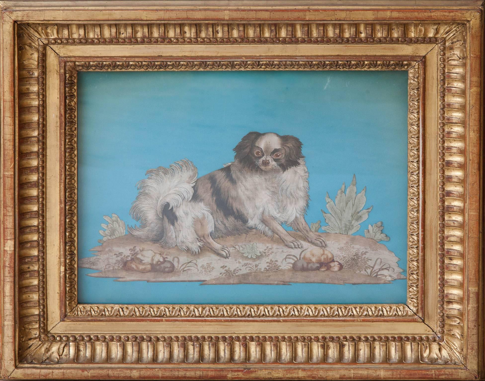 English silkwork appliques dog portraits laid on blue paper in period 18th century carved giltwood frames.