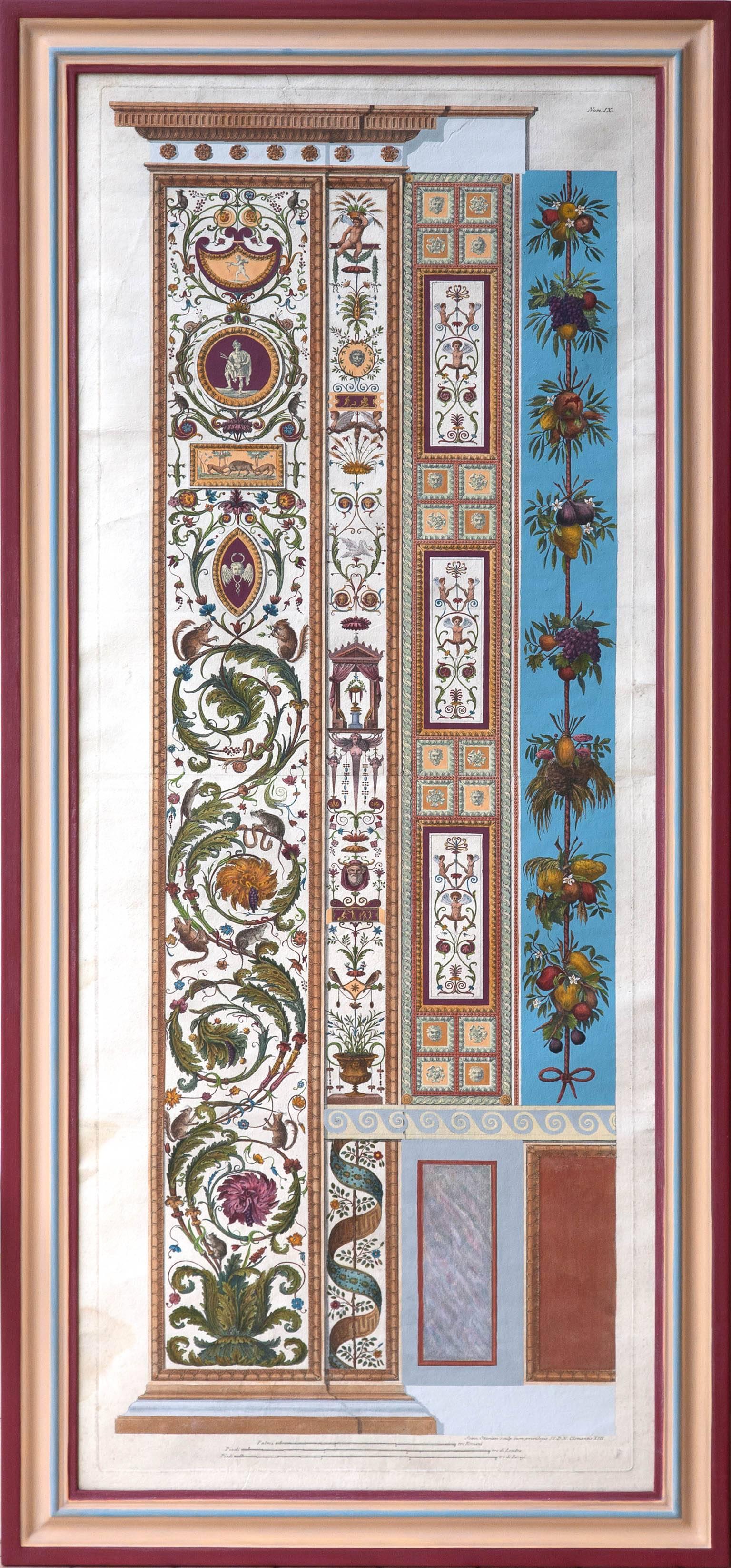 Engravings of architectural panels from 'Loggia Di Rafaele Nel Vatican'. Copper plate engravings after Raphael, engraved by Giovanni Volpato, Rome, circa 1775. With contemporary gouache hand coloring, and in handmade gessoes and painted frames.