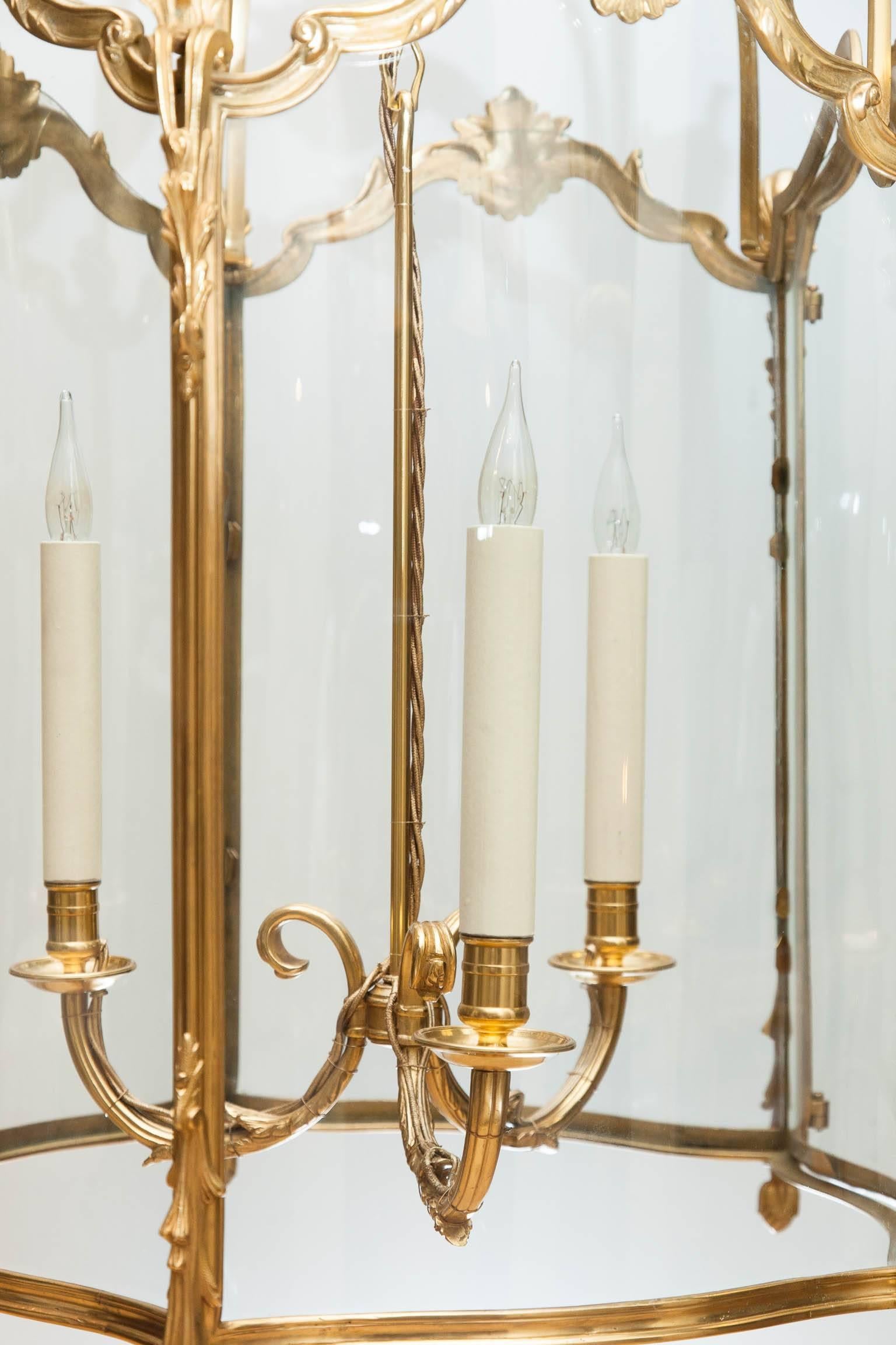 Glass Pair of Large 19th Century Louis XV Style Gilt Bronze Lanterns For Sale