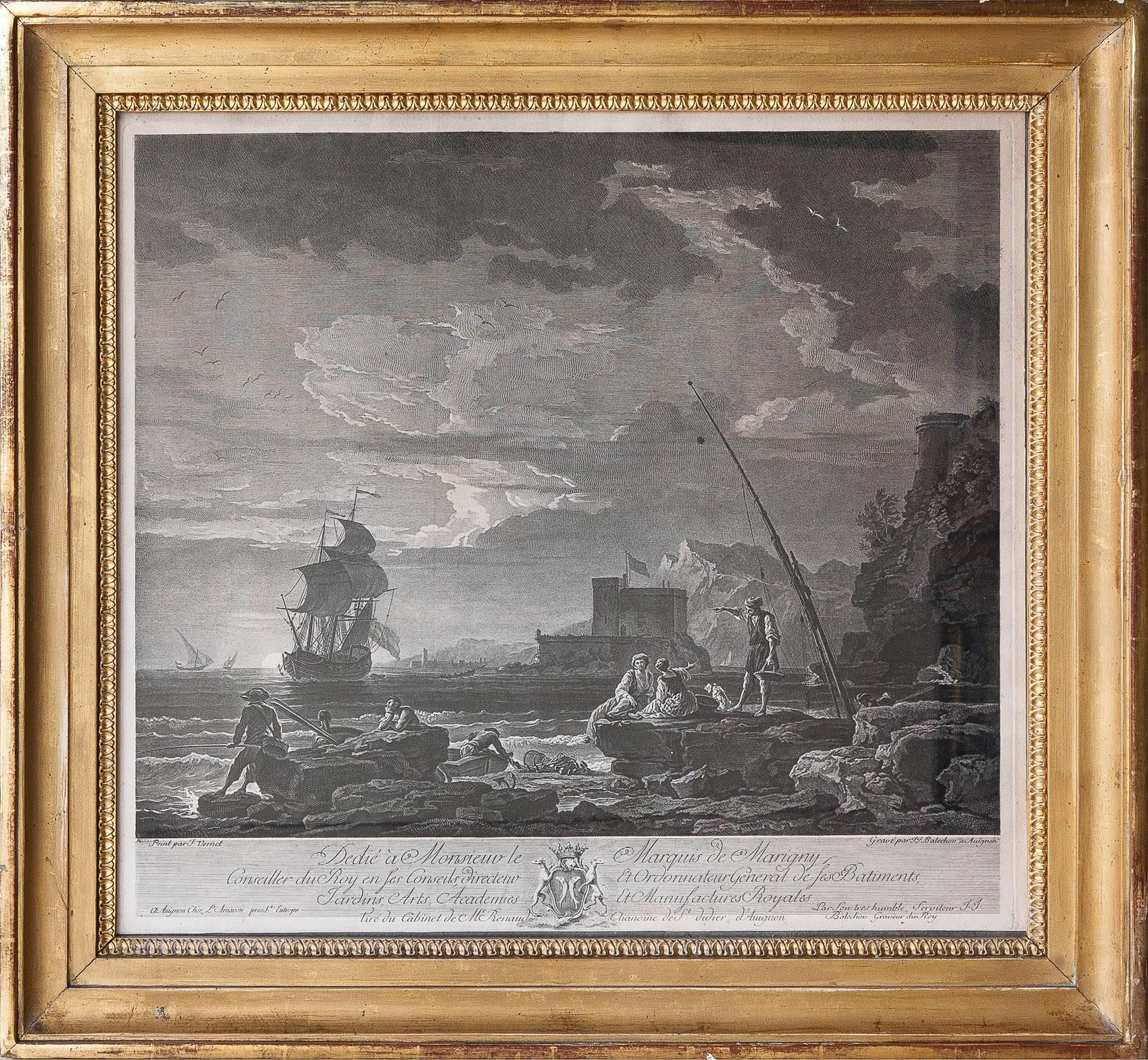 'Dedié à Monsieur le Marquis de Marigny.'
'Dedié a Monseigneur Michel Ferdinand D'Albert D'Ally Duc de Chaulnes, Pair de France.'
Black and white maritime engravings, after Joseph Vernet. 

Published France, circa 1760, framed in 19th century