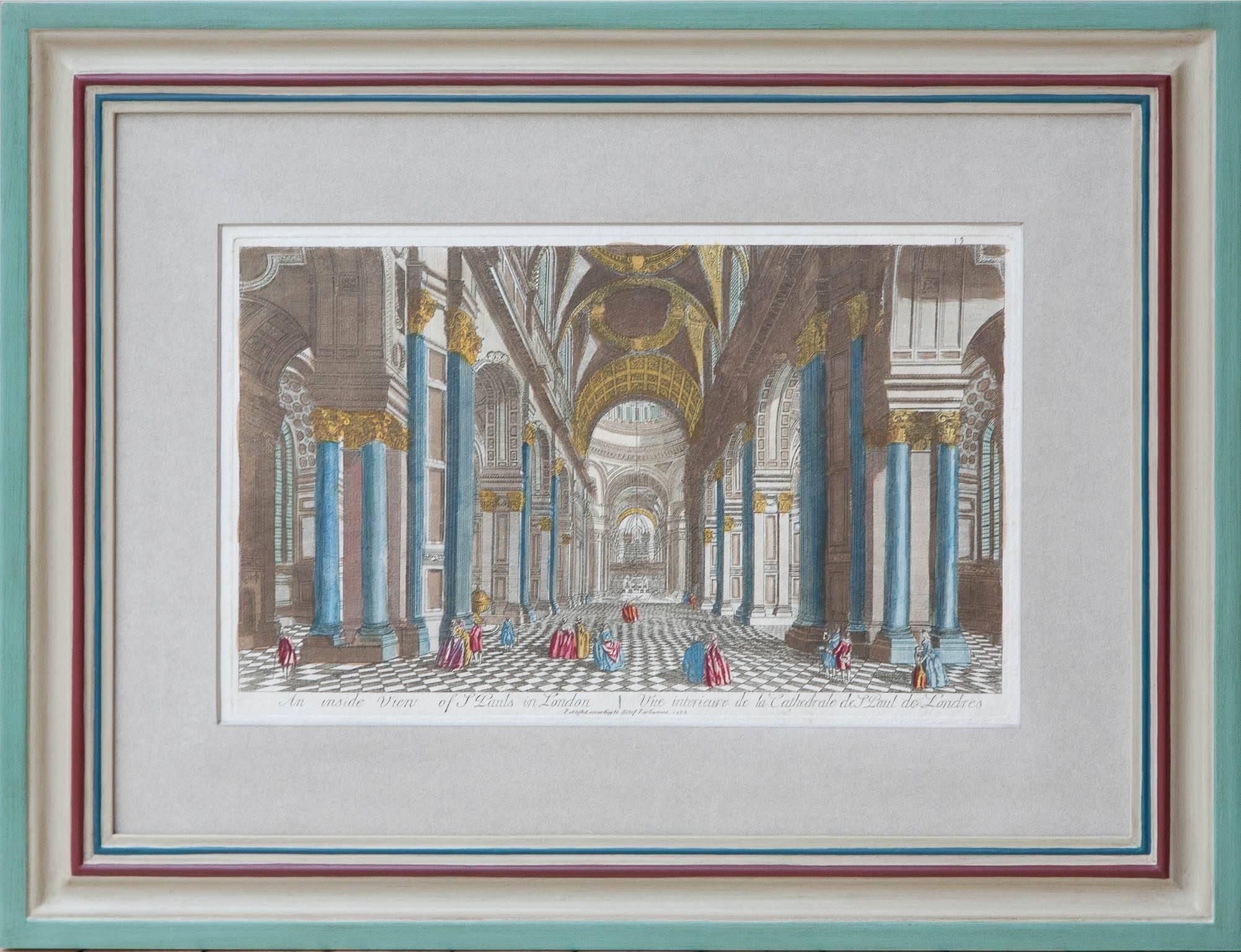 A set of 12 framed Vue D'Optiques in handmade gessoed and painted frames. With ivory colored mounts.

Views of Florence, Italy, St Petersburg, Russia, St Paul's, London, Spain, Rome, bullfighting in Madrid, and the Pantheon.