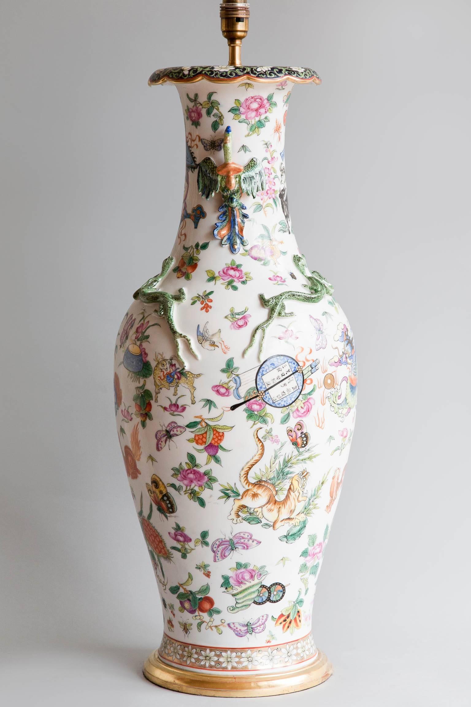 Chinoiserie Very Large 19th Century Polychrome Famille Rose Vase Converted to a Lamp For Sale