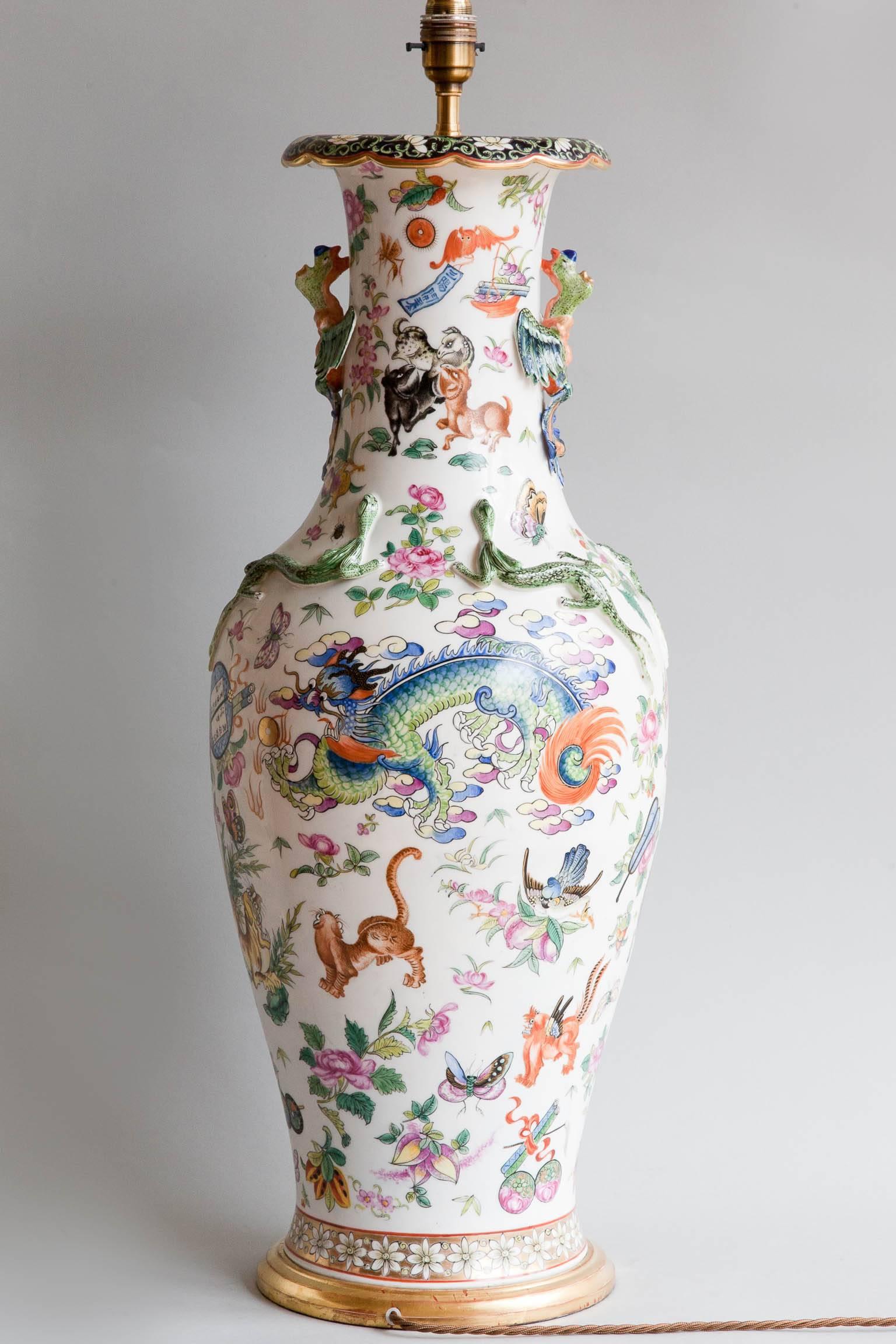 French Very Large 19th Century Polychrome Famille Rose Vase Converted to a Lamp For Sale