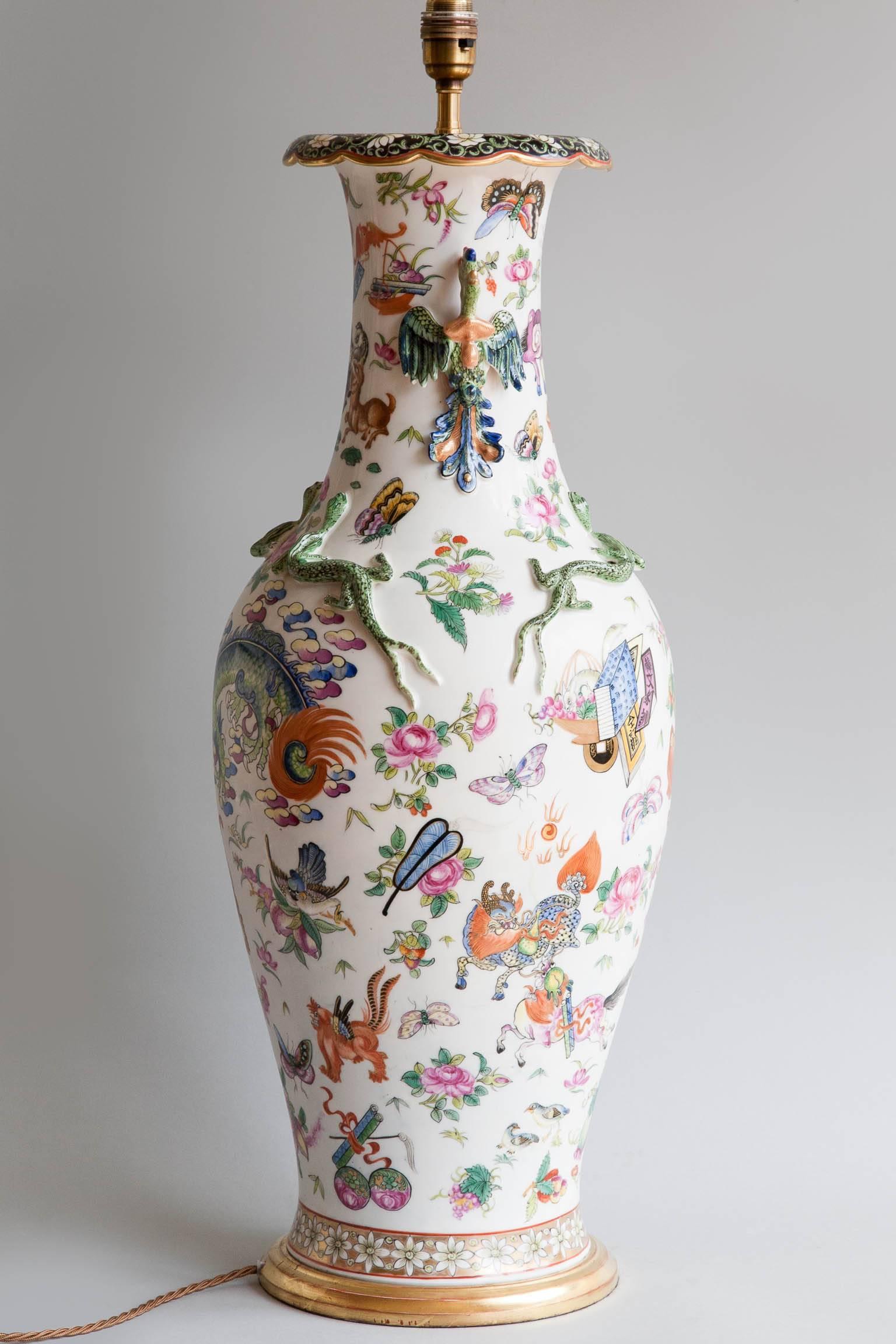 Very Large 19th Century Polychrome Famille Rose Vase Converted to a Lamp In Good Condition For Sale In London, GB