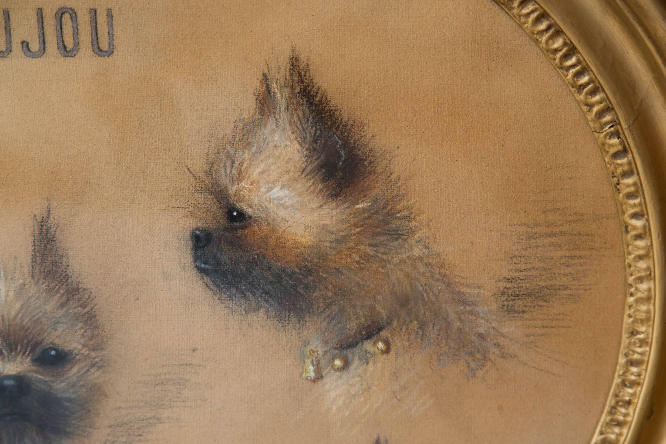 Charming pastel drawing with three different views of a Yorkshire terrier wearing a collar with a bell. 
Titled 'Joujou,' unsigned. 
Framed in a 19th century gilt frame and glazed.

We are members of LAPADA and CINOA.