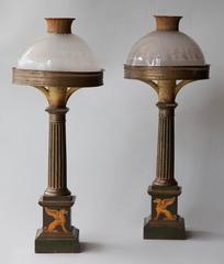 Pair of Early 19th Century Tole Sinumbra Table Lamps with Etched Glass Shades