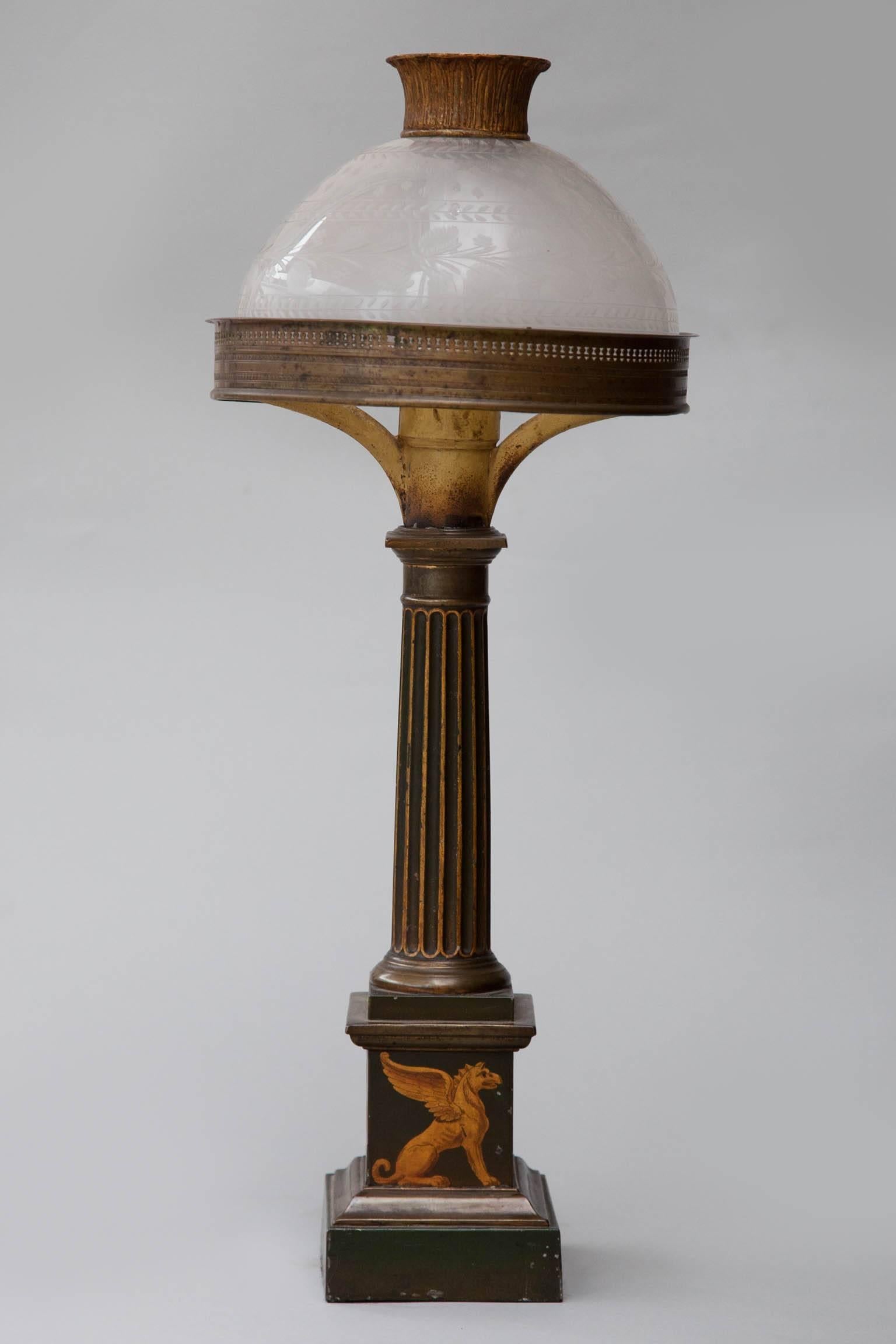 Empire Pair of Early 19th Century Tole Sinumbra Table Lamps with Etched Glass Shades For Sale