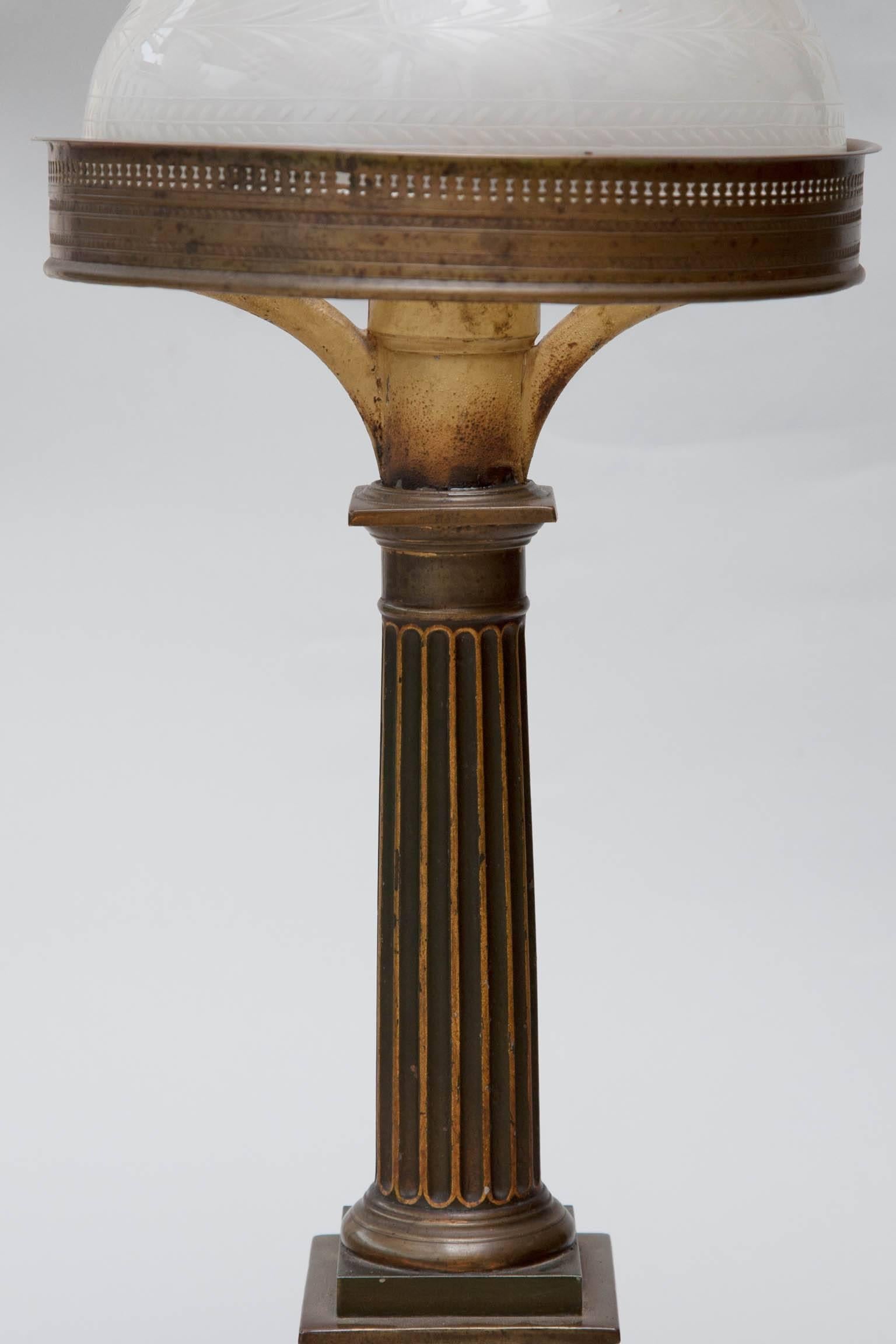 Pair of Early 19th Century Tole Sinumbra Table Lamps with Etched Glass Shades For Sale 1