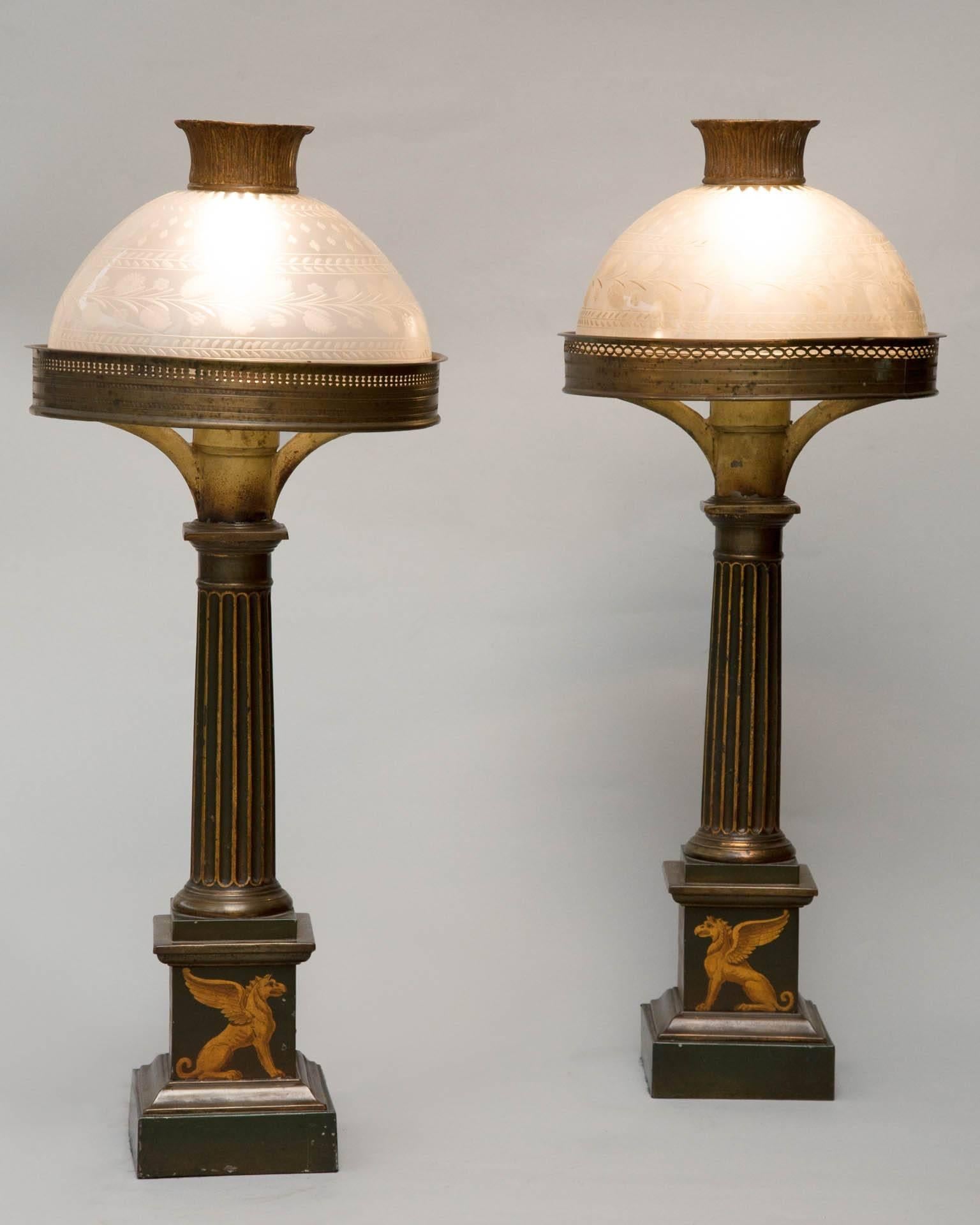 Pair of Early 19th Century Tole Sinumbra Table Lamps with Etched Glass Shades For Sale 5