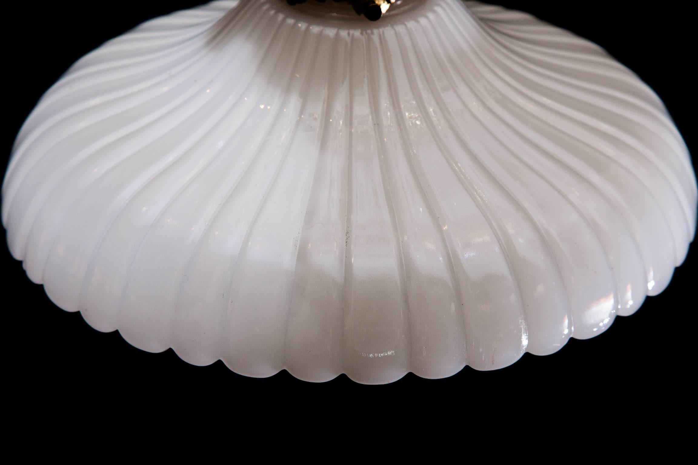 Brass Late 19th Century English Ribbed Milk Glass Dish Light with Scalloped Edge For Sale