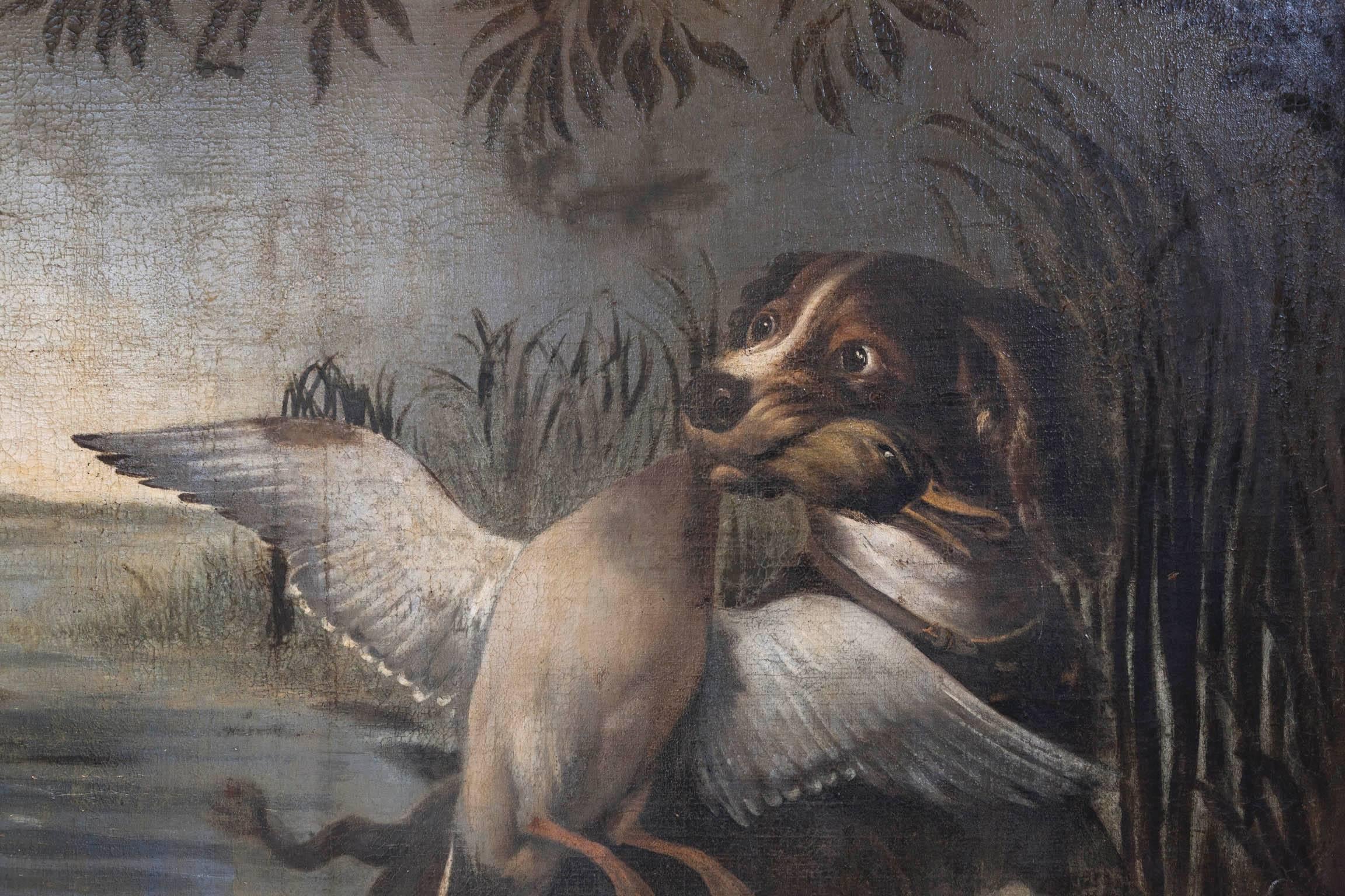 19th century French oil painting of three-pointers chasing ducks in a river. In original unrestored condition with some paint loss and age markings to the canvas. The painting has not been relined.