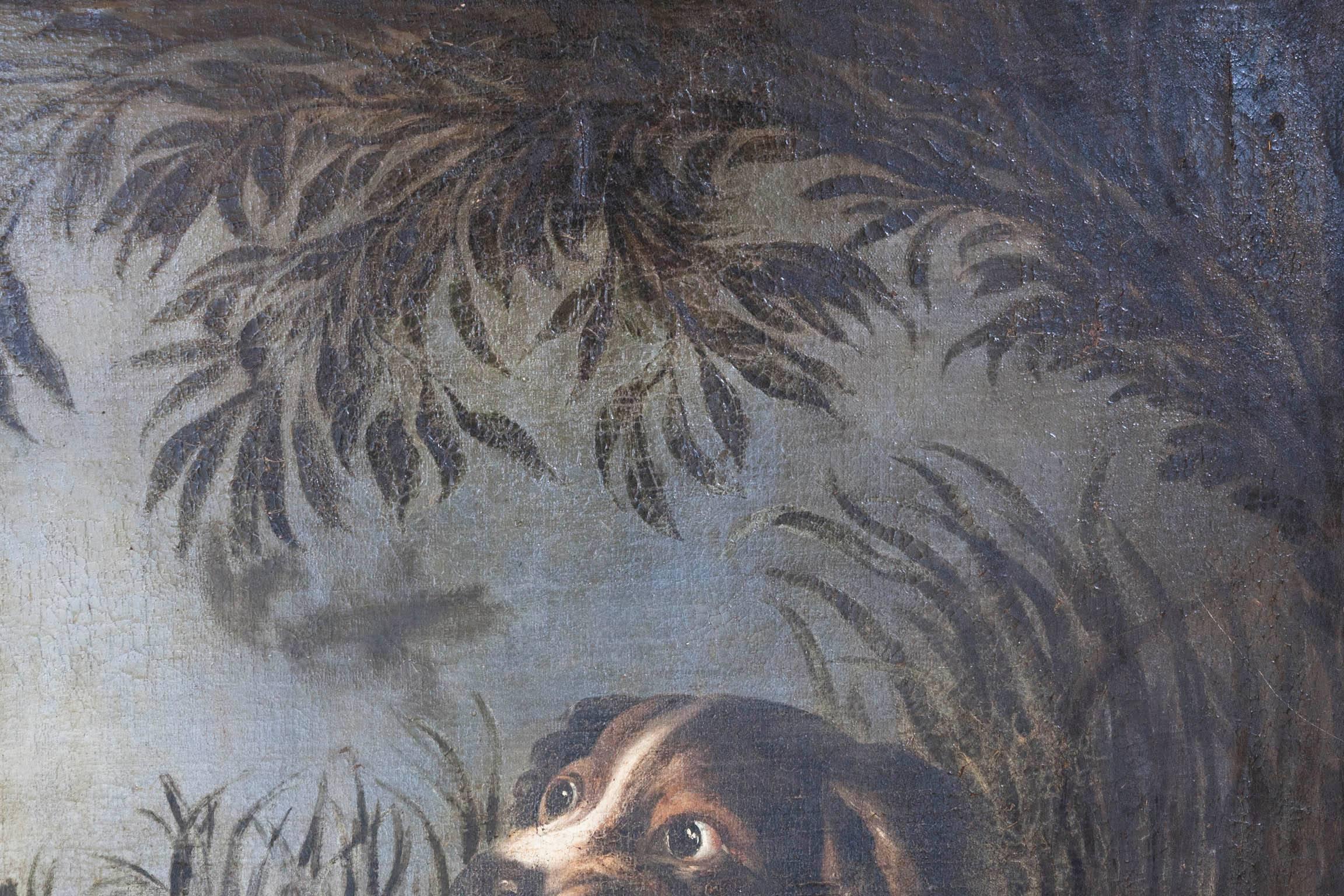 Large French 19th Century Painting of Dogs and Ducks in a Period Frame In Distressed Condition In London, GB