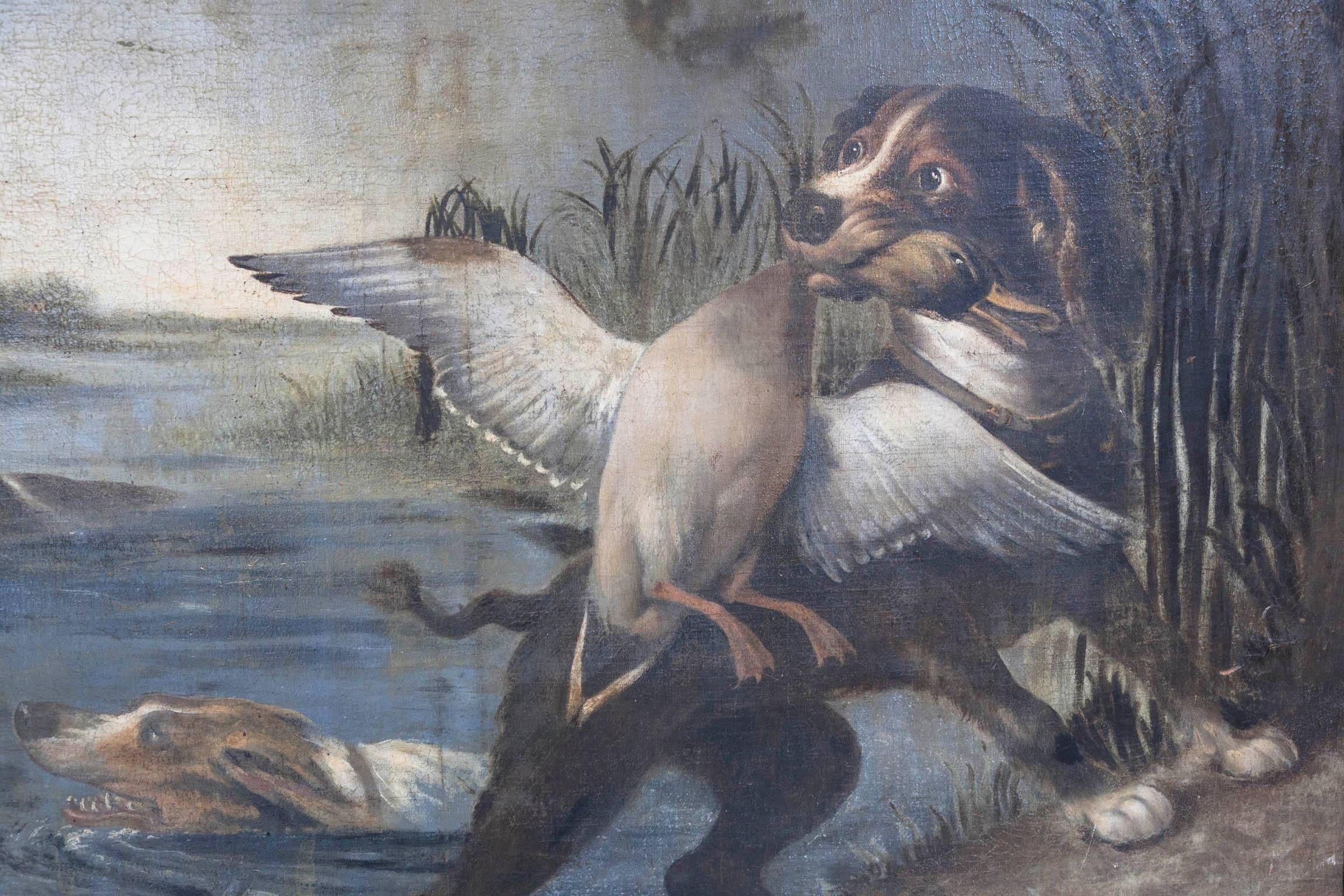 Large French 19th Century Painting of Dogs and Ducks in a Period Frame 4