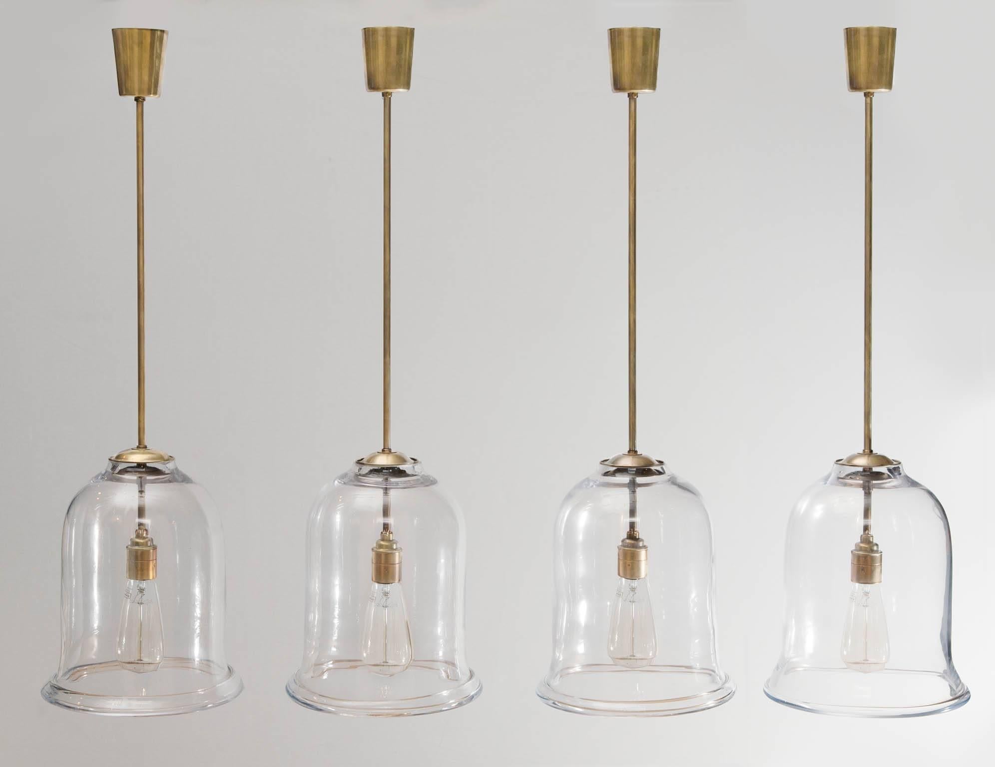 Industrial Two Bell Jar Lanterns with Antiqued Brass Mounts and Fittings