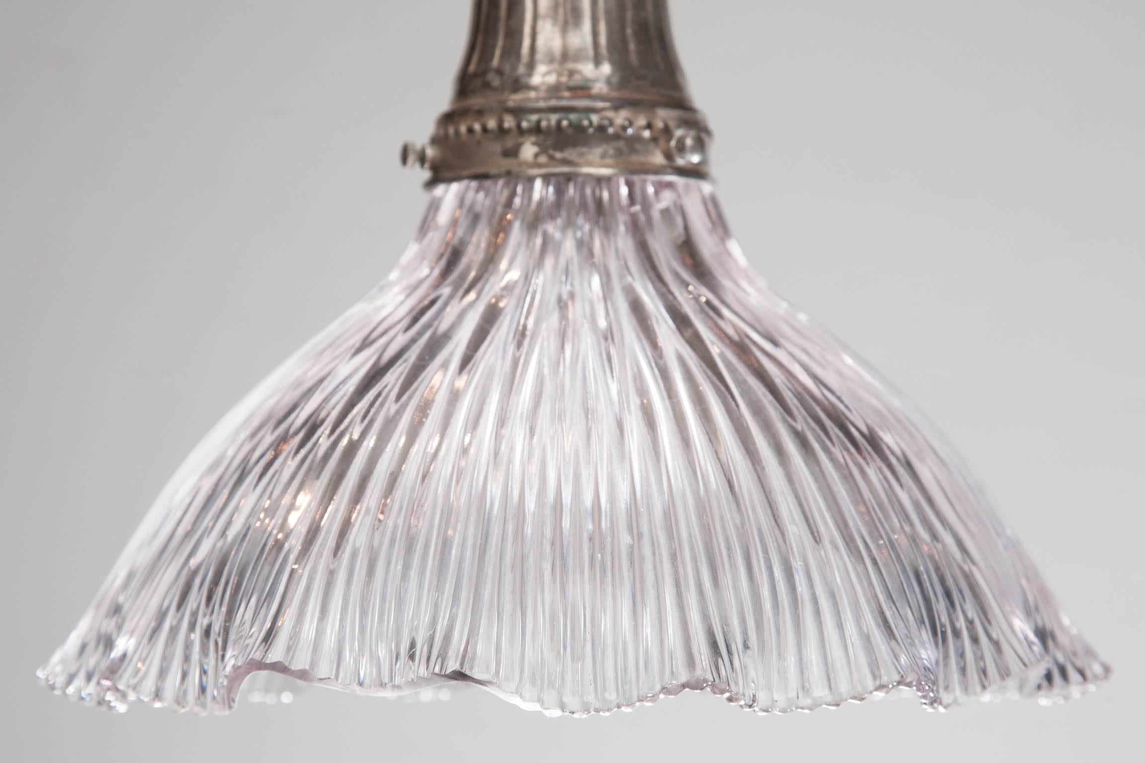 Late Victorian Late 19th Century English Frilly Holophane Glass Shade Hanging Light