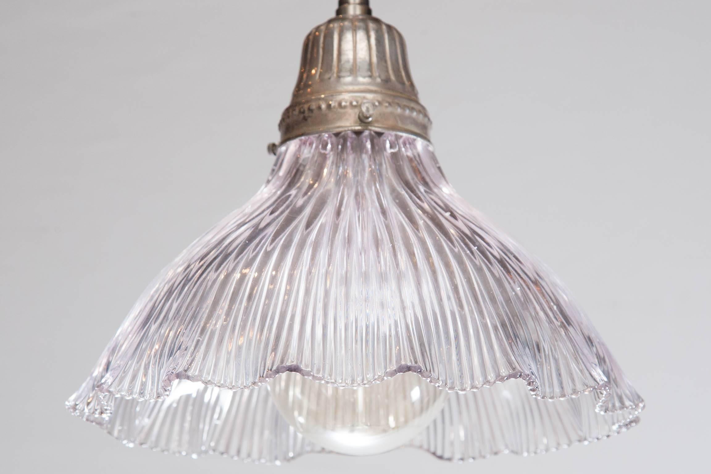 British Late 19th Century English Frilly Holophane Glass Shade Hanging Light