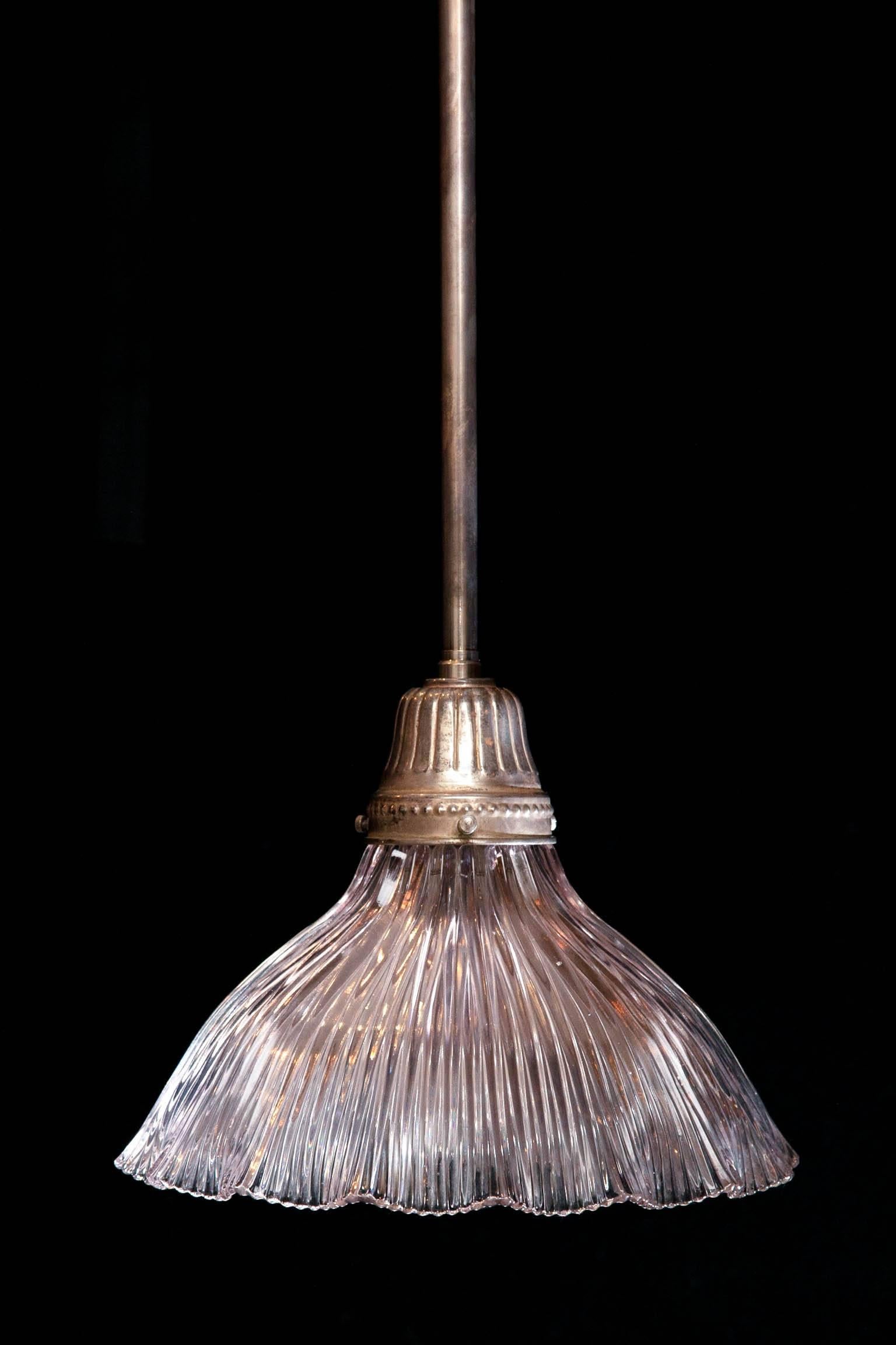 Silvered Late 19th Century English Frilly Holophane Glass Shade Hanging Light