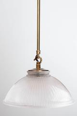 Four Early 20th Century English Holophane Dish Lights with Antiqued Brass Mounts