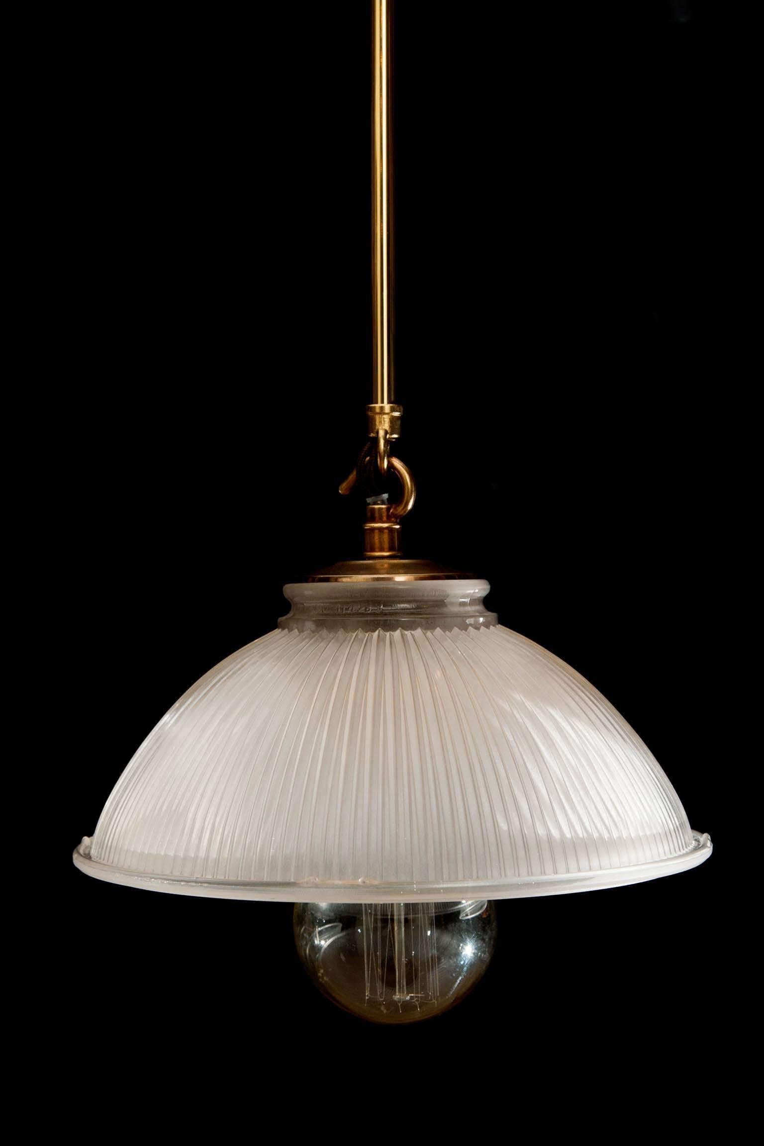 Four Early 20th Century English Holophane Dish Lights with Antiqued Brass Mounts For Sale 1