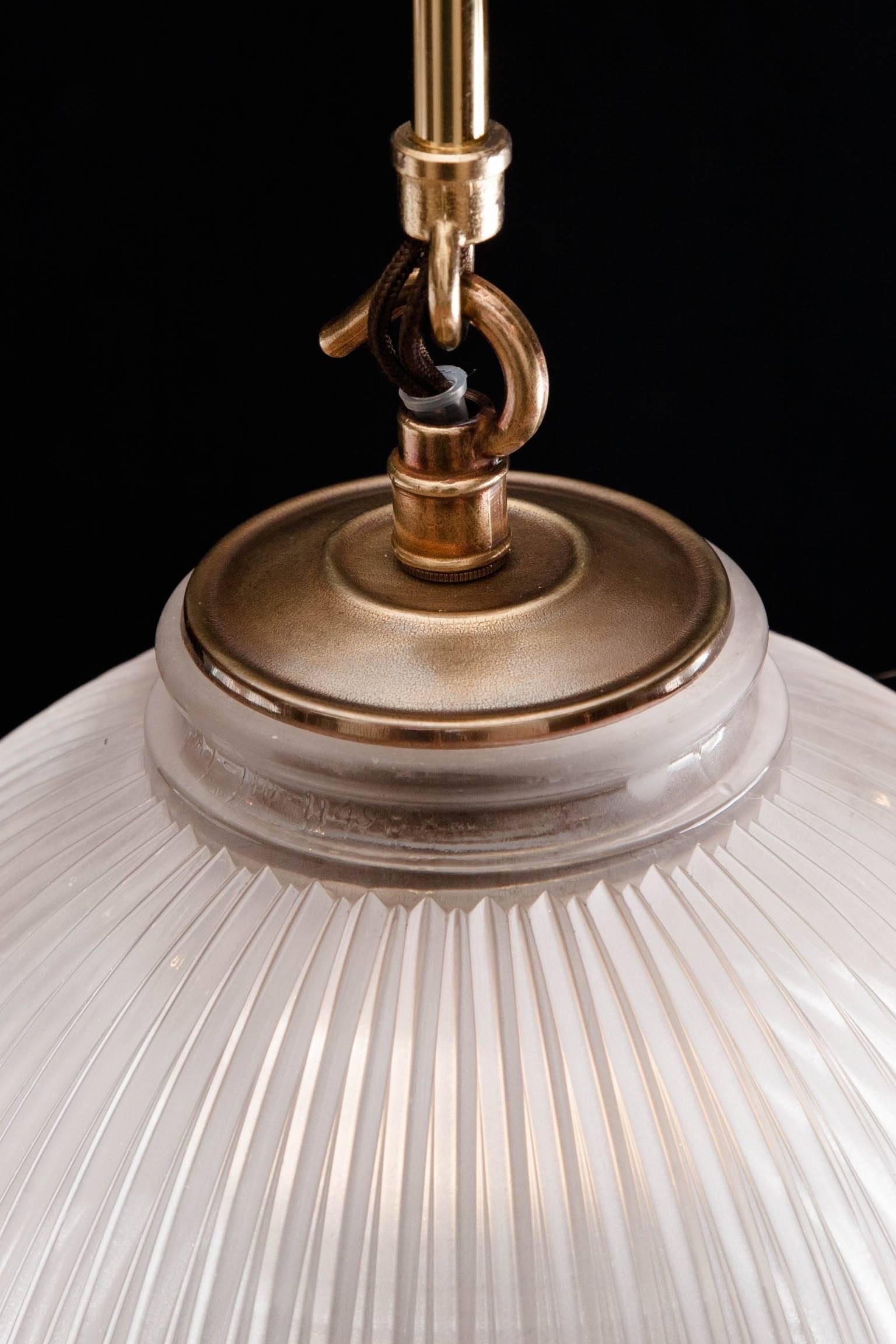 Four Early 20th Century English Holophane Dish Lights with Antiqued Brass Mounts For Sale 3