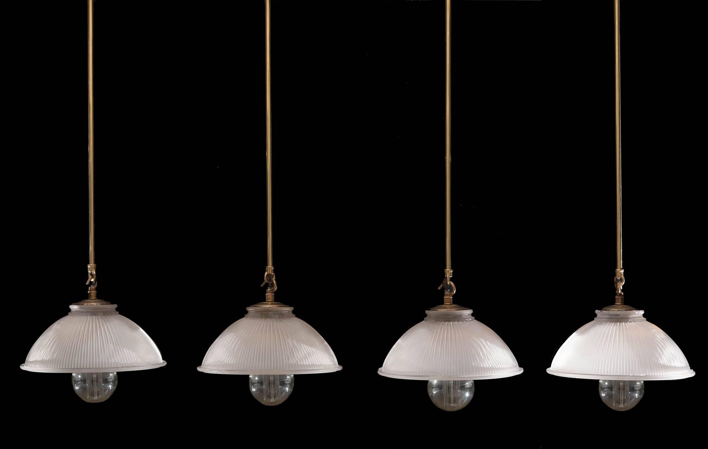 Four Early 20th Century English Holophane Dish Lights with Antiqued Brass Mounts For Sale 4